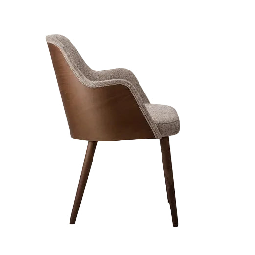 Brune Chair featuring a contemporary curved backrest, slimline arm profile, commercial-grade metal subframe, upholstered seat and back, and custom finish options, ideal for hotels, restaurants, bars, lounges, care homes, and workplace interiors.