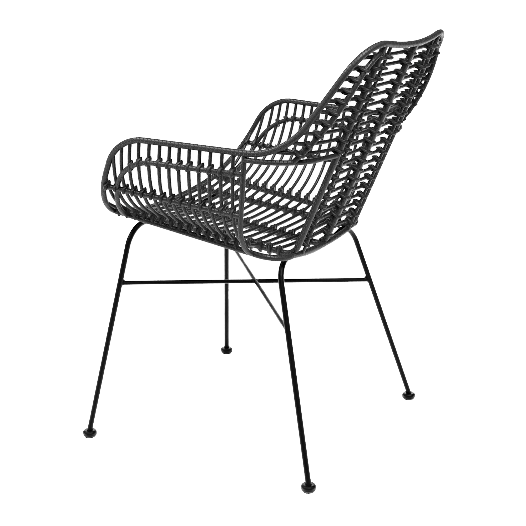 Palm Stacking Arm Chair - Black with a sleek woven design and slender metal legs, ideal for stylish commercial or hospitality interiors requiring durable, stackable seating.