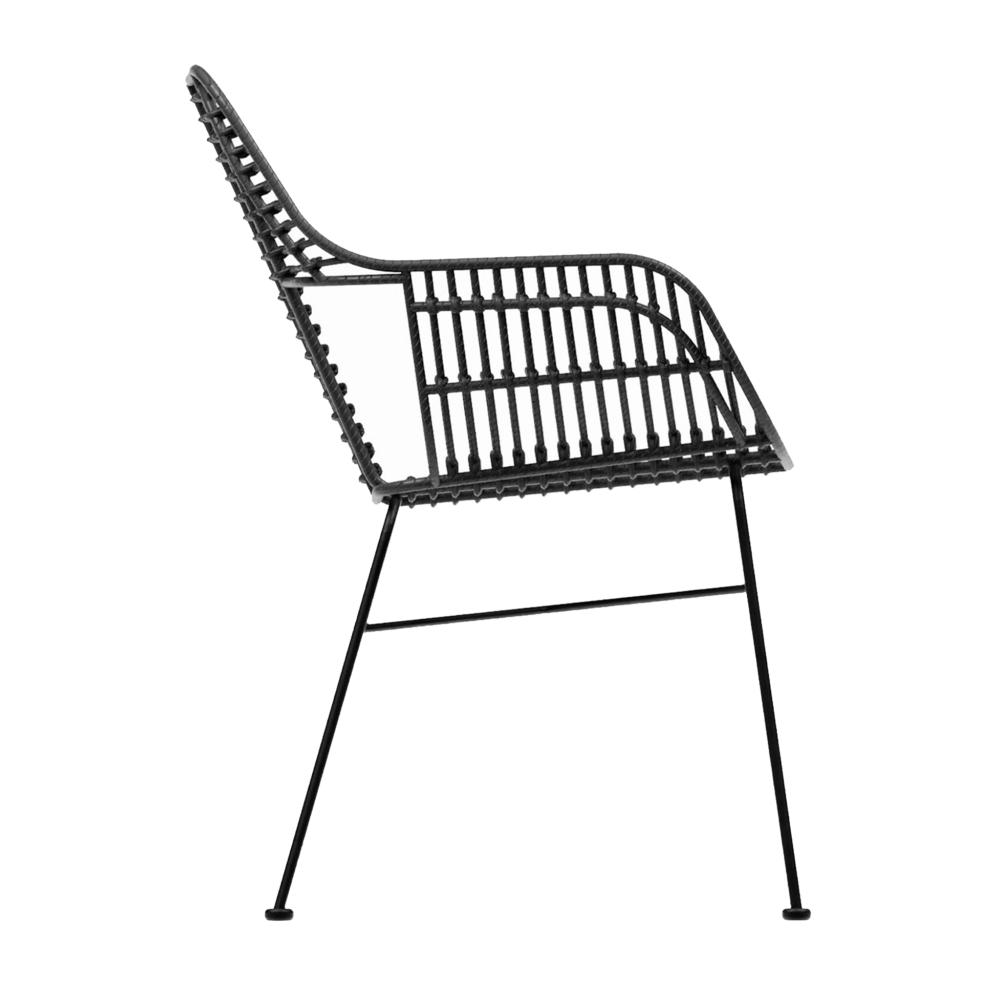 Side view of a Palm Stacking Arm Chair - Black featuring a lightweight black frame with woven design and slender metal legs, designed for modern commercial and hospitality spaces.