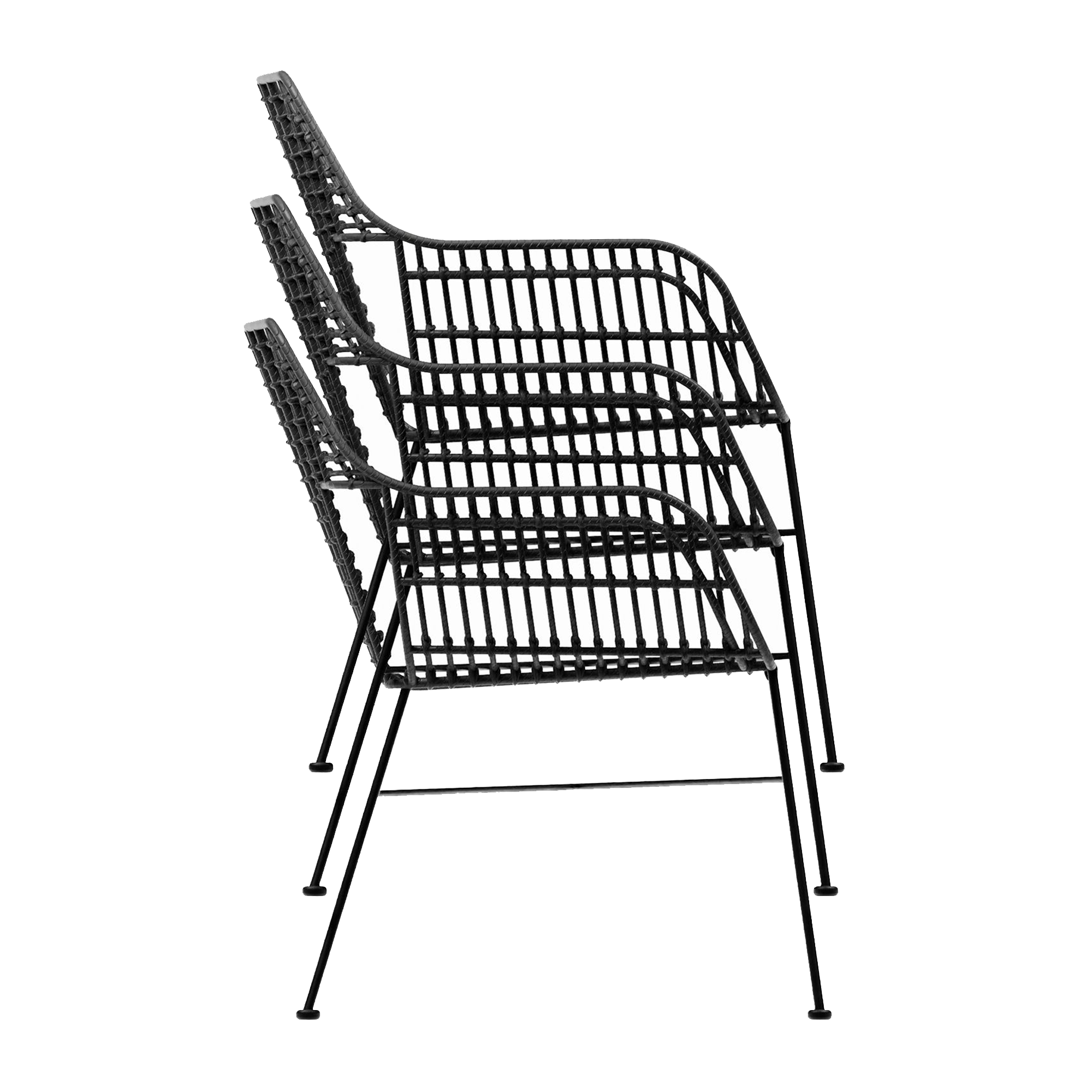 Three black Palm Stacking Arm Chair - Black chairs neatly stacked, showcasing their lightweight metal frames and open woven design ideal for flexible commercial seating solutions.