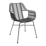 Palm Stacking Arm Chair - Black with a sleek, modern design featuring woven synthetic rattan on a sturdy metal frame, ideal for stylish indoor or outdoor seating.
