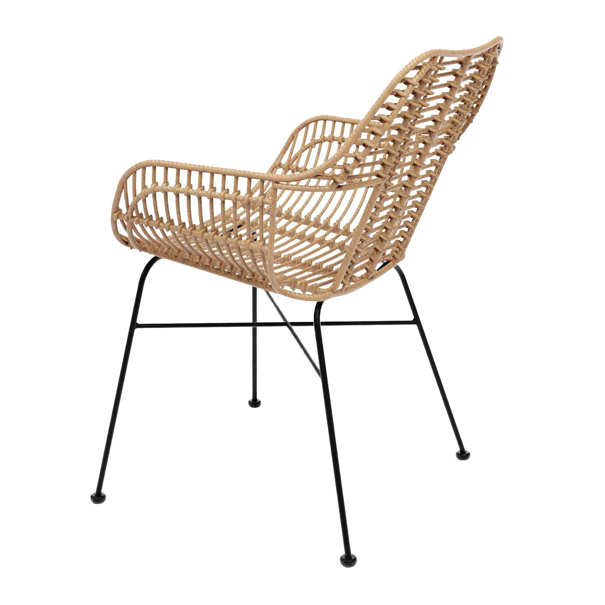 Palm Stacking Arm Chair - Natural made of woven natural rattan with a curved back and armrests supported by slender black metal legs, ideal for stylish indoor or outdoor seating.