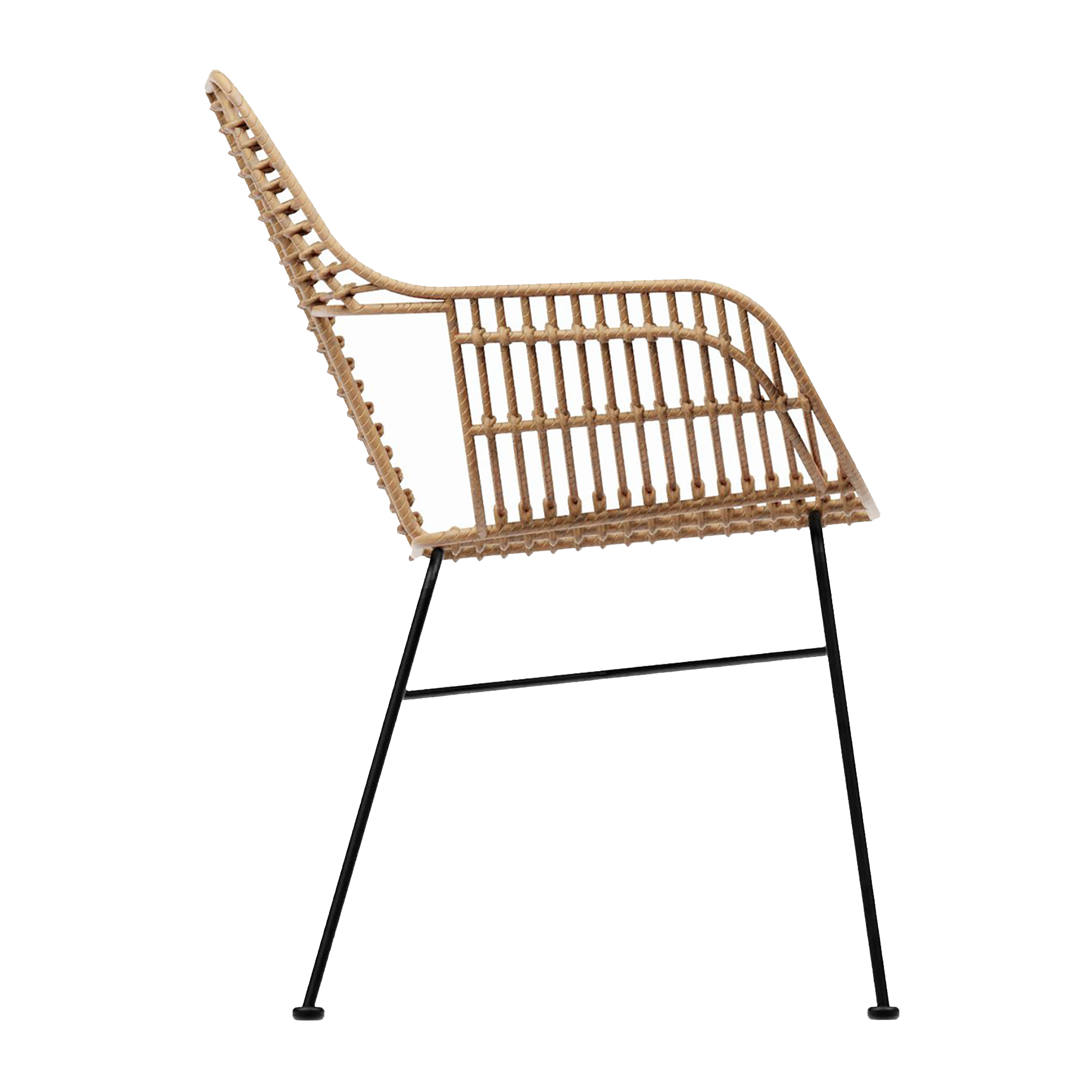 Palm Stacking Arm Chair - Natural featuring a lightweight natural woven frame with sleek black metal legs, designed for stylish, versatile indoor and outdoor seating.