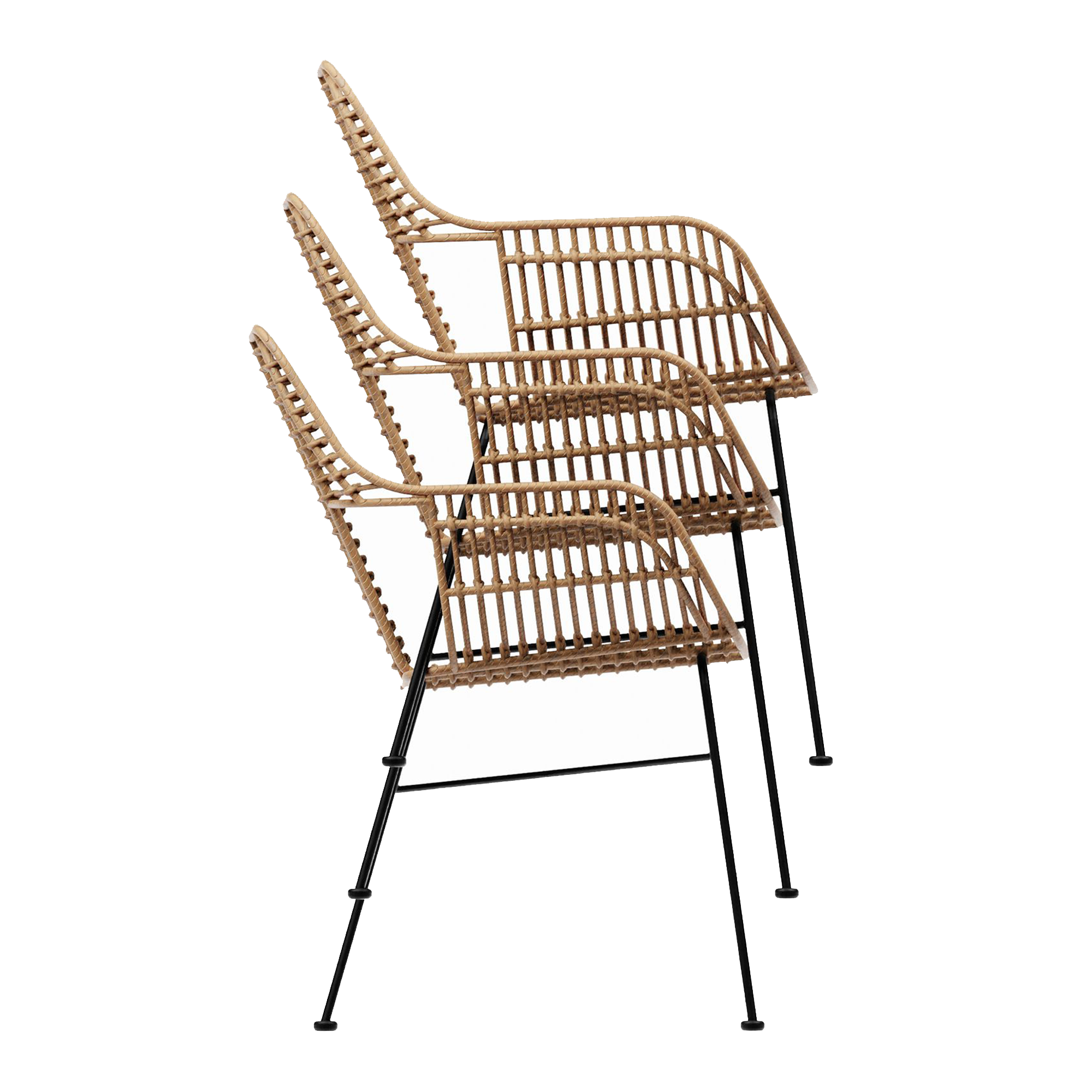 Three natural woven rattan Palm Stacking Arm Chair - Natural models stacked together with slender black metal legs designed for modern interiors and commercial use.