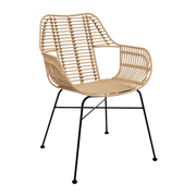 Palm Stacking Arm Chair - Natural with woven rattan seat and backrest, featuring a lightweight black metal frame, designed for stylish and durable commercial interiors.