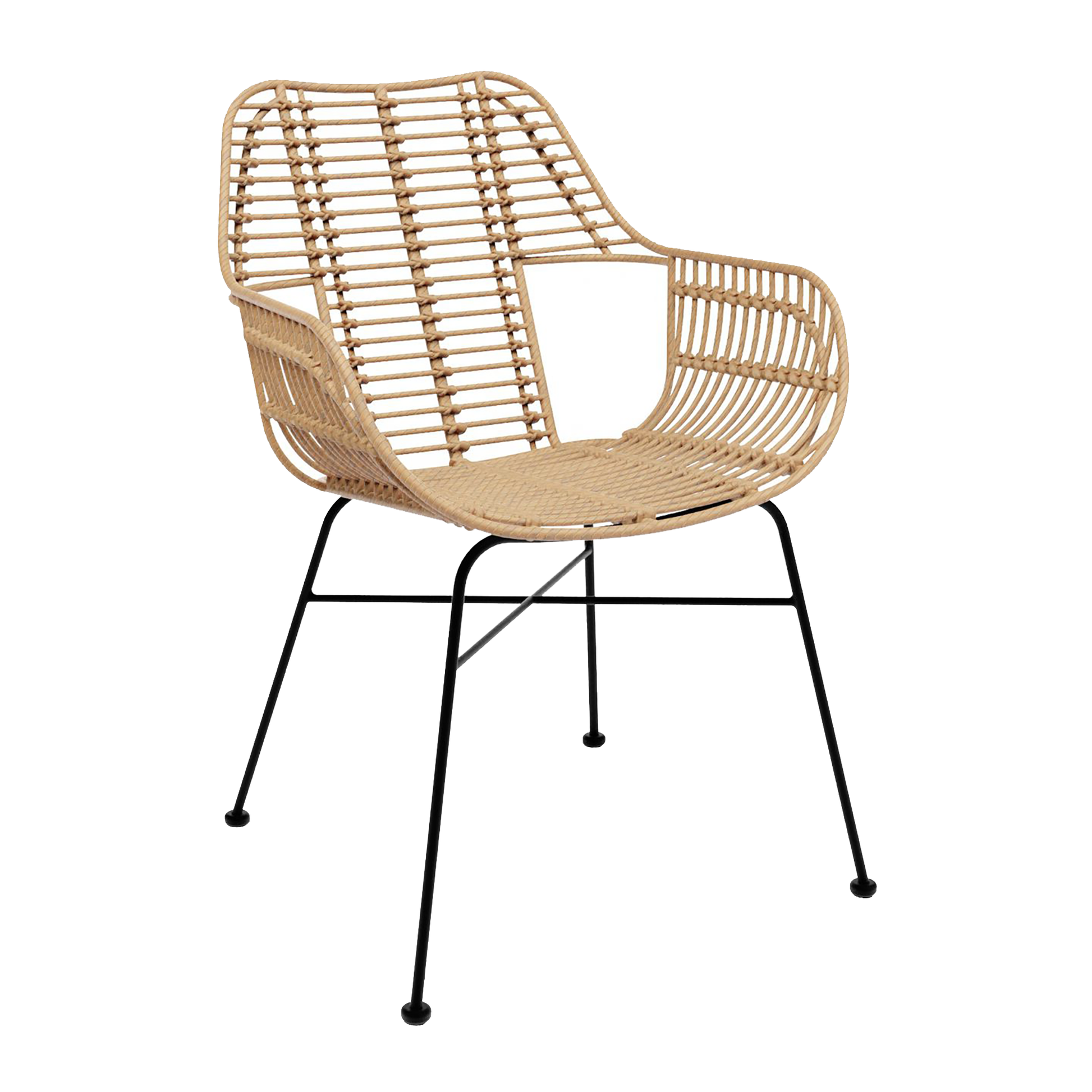 Palm Stacking Arm Chair - Natural with woven rattan seat and backrest, featuring a lightweight black metal frame, designed for stylish and durable commercial interiors.