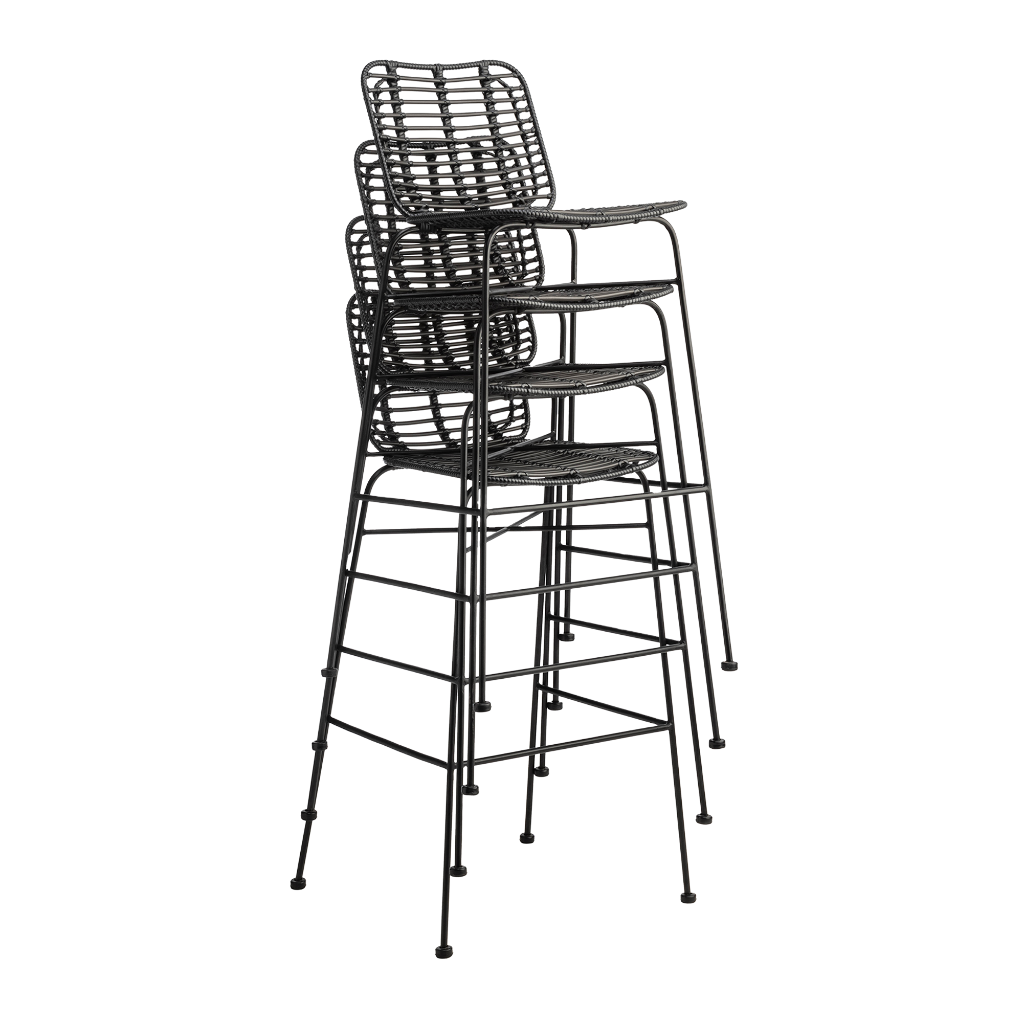 Stacked set of three Palm Stacking Bar Stool - Black featuring sleek black metal frames and woven seats designed for versatile commercial and hospitality environments.