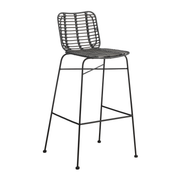 Palm Stacking Bar Stool - Black featuring a minimalist black metal frame with woven rattan-style seat and backrest, designed for durable commercial and hospitality use.