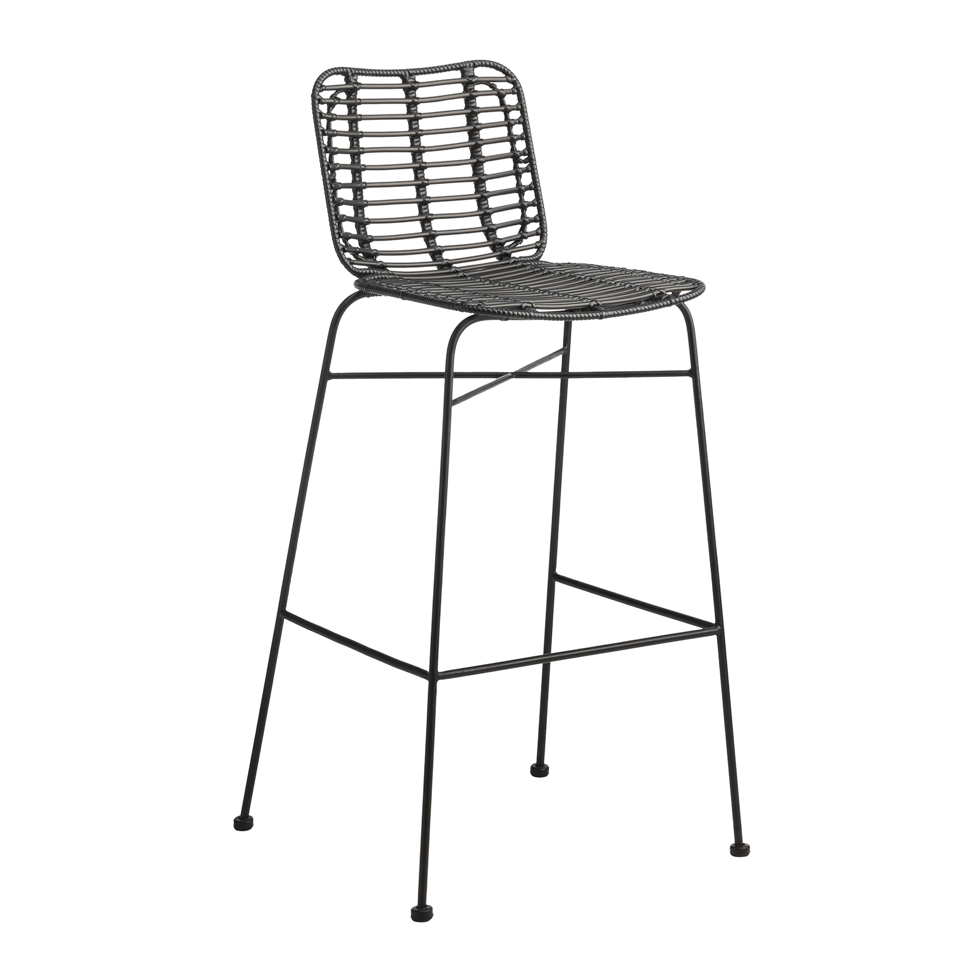 Palm Stacking Bar Stool - Black featuring a minimalist black metal frame with woven rattan-style seat and backrest, designed for durable commercial and hospitality use.