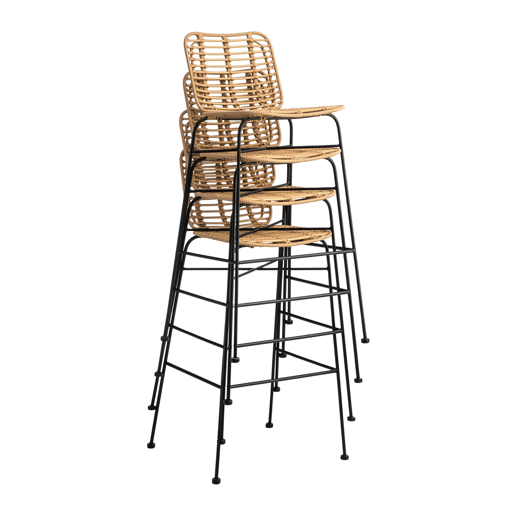 Stack of three Palm Stacking Bar Stool - Natural with woven natural material seats and backs supported by slim black metal legs designed for commercial and hospitality use.