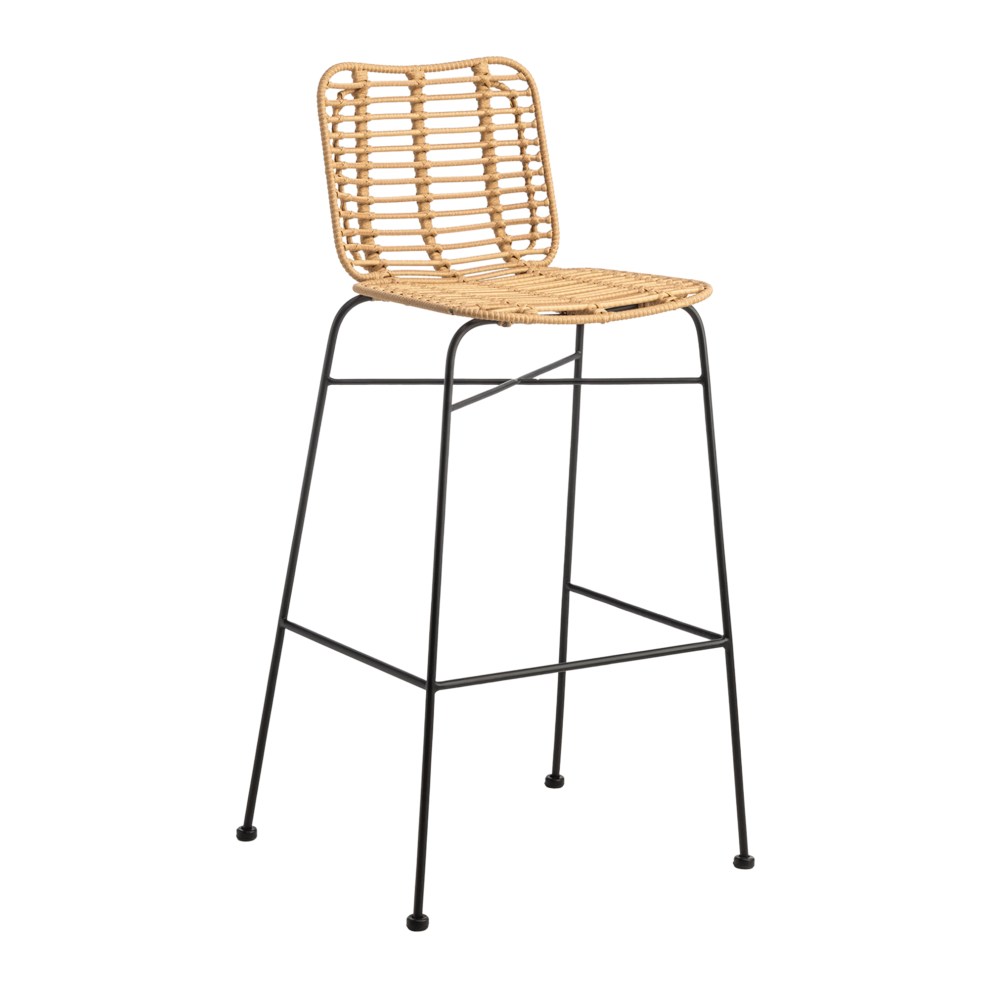 Palm Stacking Bar Stool - Natural with a woven rattan seat and backrest paired with a lightweight black metal frame, designed for stylish and practical commercial or residential use.