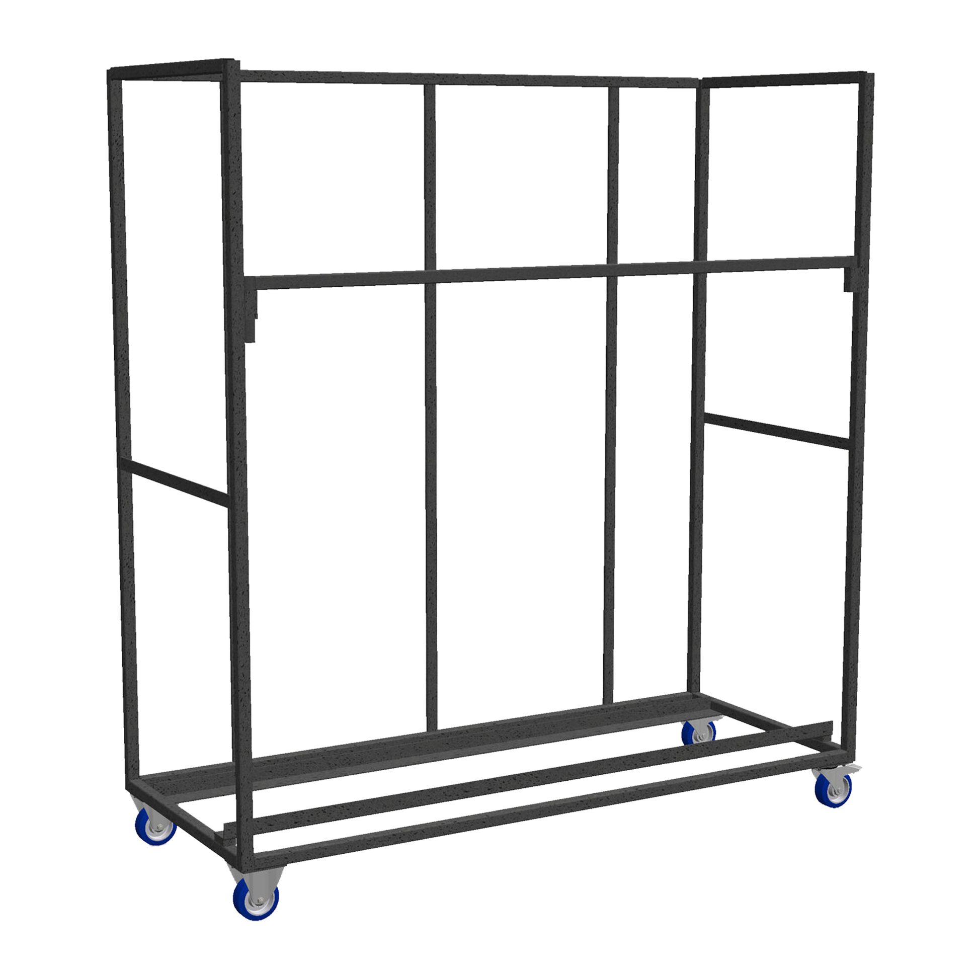 Trolley For Palm Stacking Bar Stool with a sturdy black metal frame and four blue caster wheels for easy mobility, designed for efficient storage and transport of bar stools.