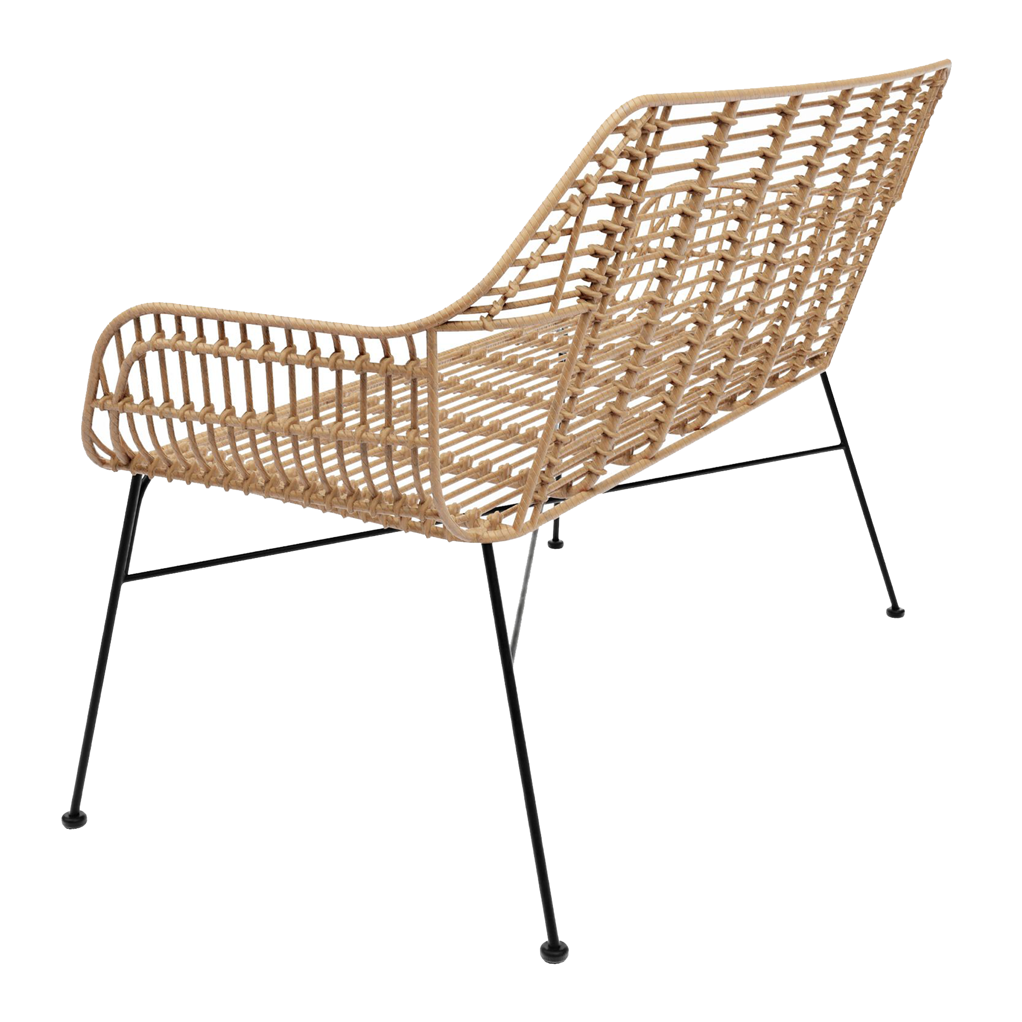 Palm Stacking Sofa in Natural finish featuring woven rattan-style seating and backrest with a black galvanised steel frame, suitable for commercial indoor and outdoor hospitality spaces. Palm Stacking Sofa - Natural featuring a lightweight woven natural frame and sleek black metal legs, designed with a modern, airy silhouette for versatile indoor and outdoor seating.