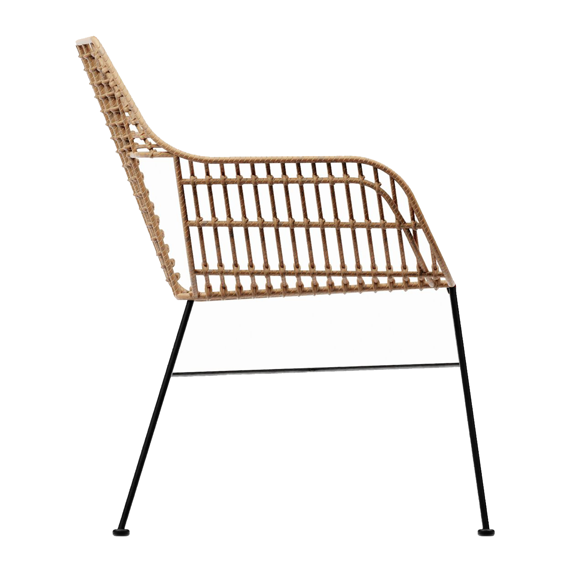 Palm Stacking Sofa in Natural finish featuring woven rattan-style seating and backrest with a black galvanised steel frame, suitable for commercial indoor and outdoor hospitality spaces. Side view of a Palm Stacking Sofa - Natural featuring a woven natural rattan frame with slender black metal legs, designed for versatile and stylish seating.