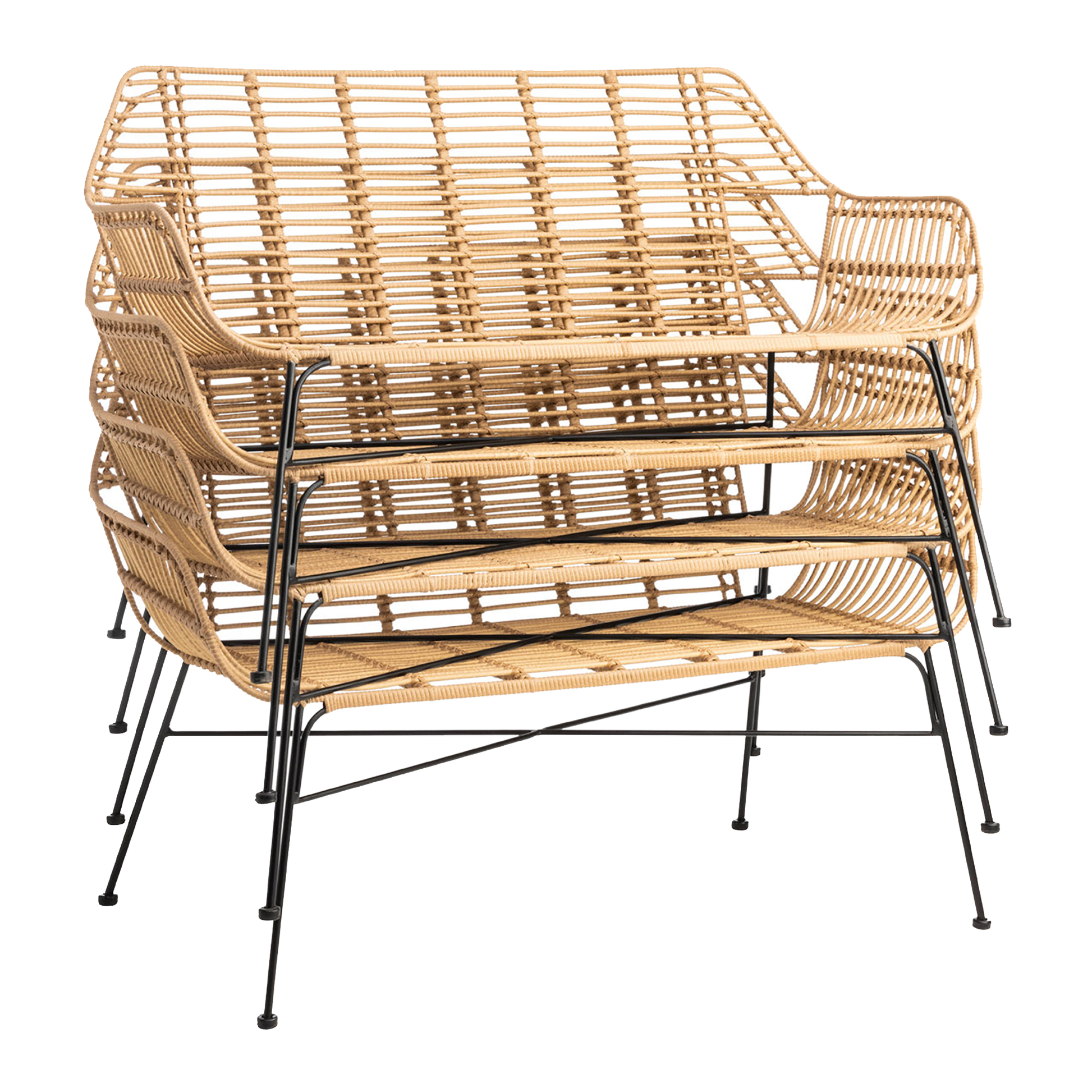 Palm Stacking Sofa in Natural finish featuring woven rattan-style seating and backrest with a black galvanised steel frame, suitable for commercial indoor and outdoor hospitality spaces. Palm Stacking Sofa - Natural showcasing a stylish woven natural rattan design with sleek black metal legs, ideal for versatile, space-saving seating in commercial or residential interiors.