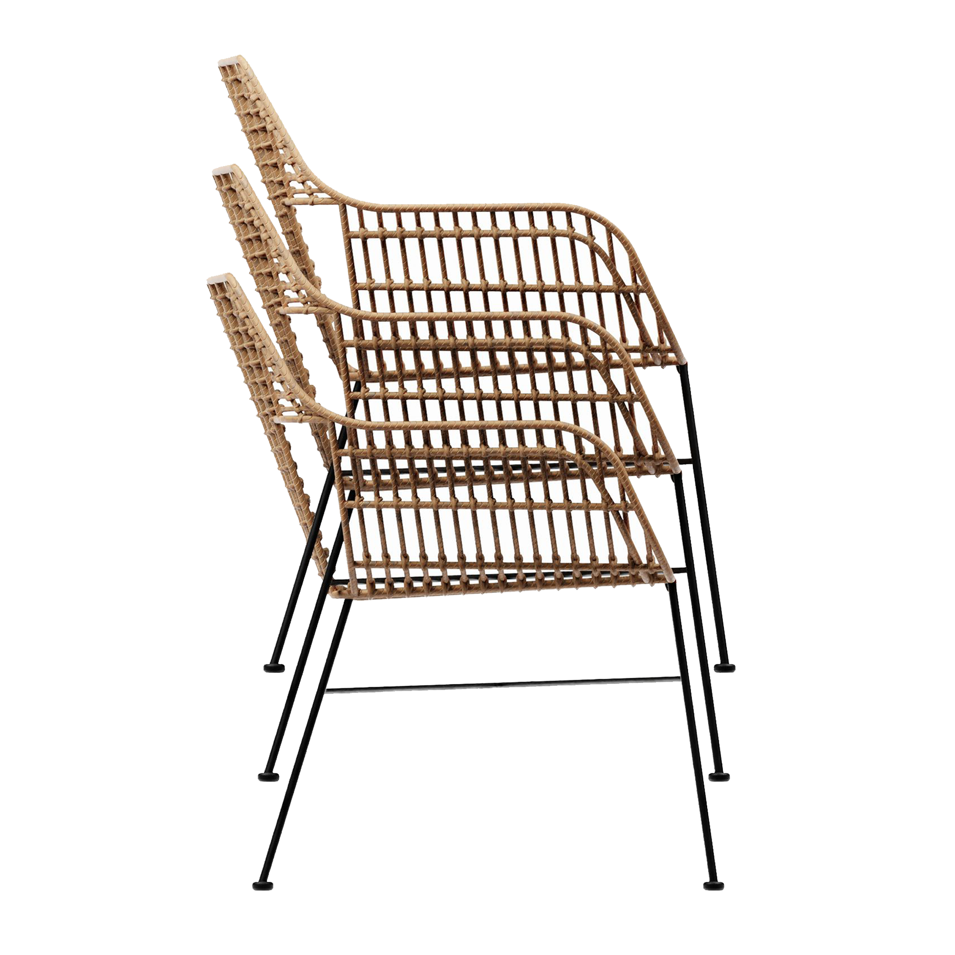 Three natural woven Palm Stacking Sofa - Natural chairs neatly stacked, showcasing lightweight rattan design with slim black metal legs ideal for versatile commercial or residential use.