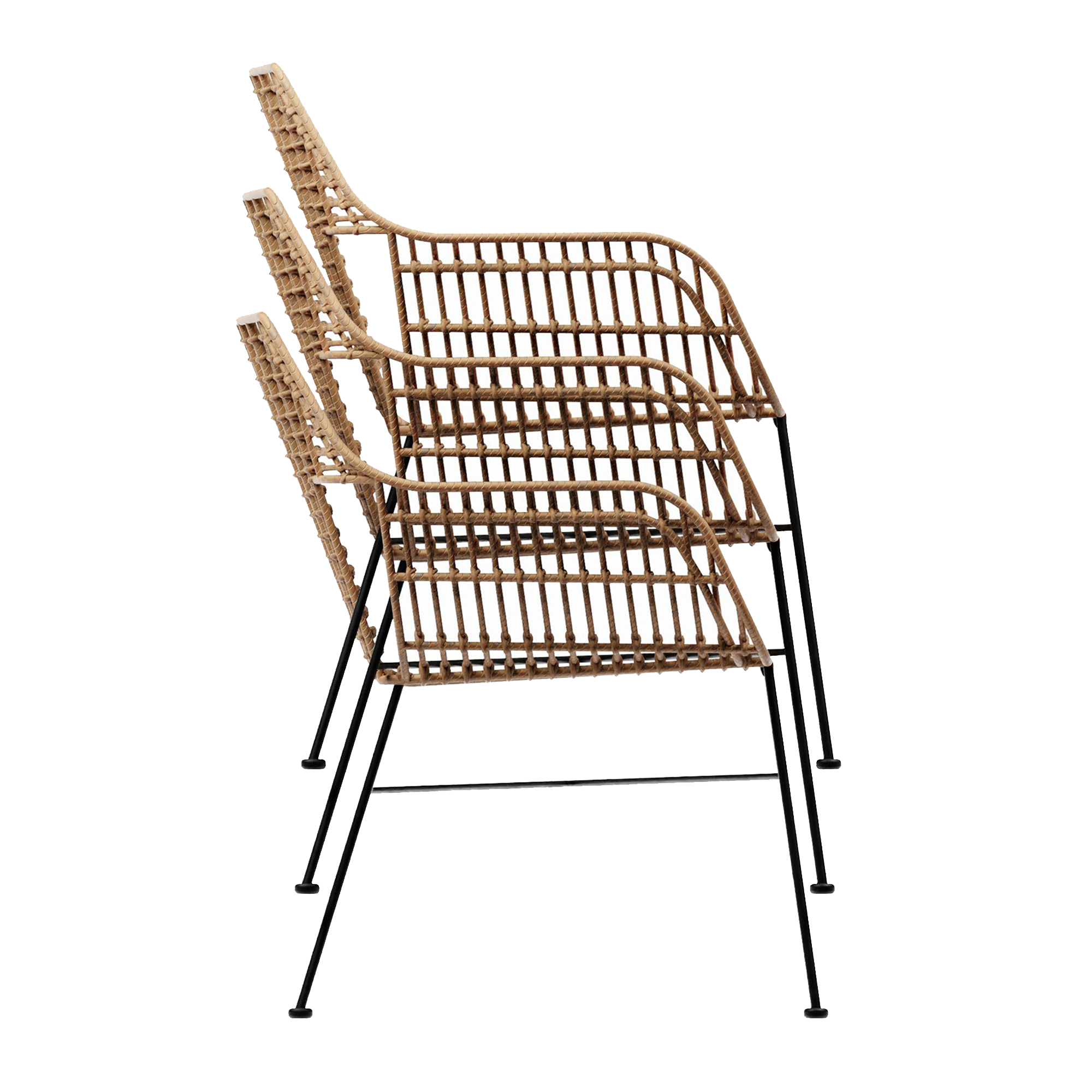 Three natural woven Palm Stacking Sofa - Natural chairs neatly stacked, showcasing lightweight rattan design with slim black metal legs ideal for versatile commercial or residential use.