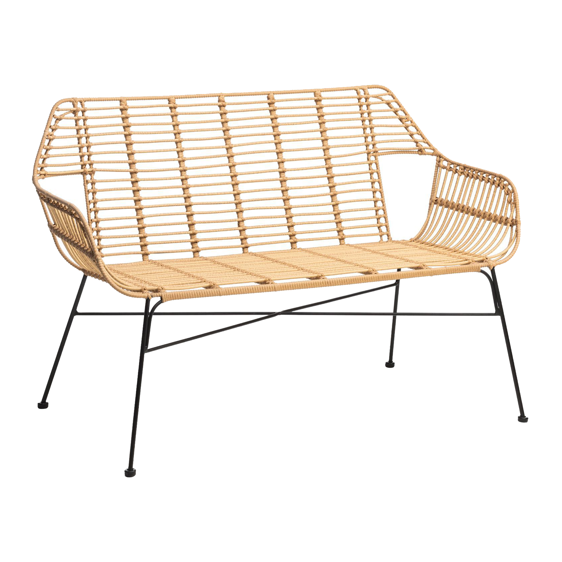 Palm Stacking Sofa in Natural finish featuring woven rattan-style seating and backrest with a black galvanised steel frame, suitable for commercial indoor and outdoor hospitality spaces. 
Palm Stacking Sofa - Natural with a woven rattan seat and backrest, supported by a minimalist black metal frame, ideal for stylish, durable contract or commercial interiors.