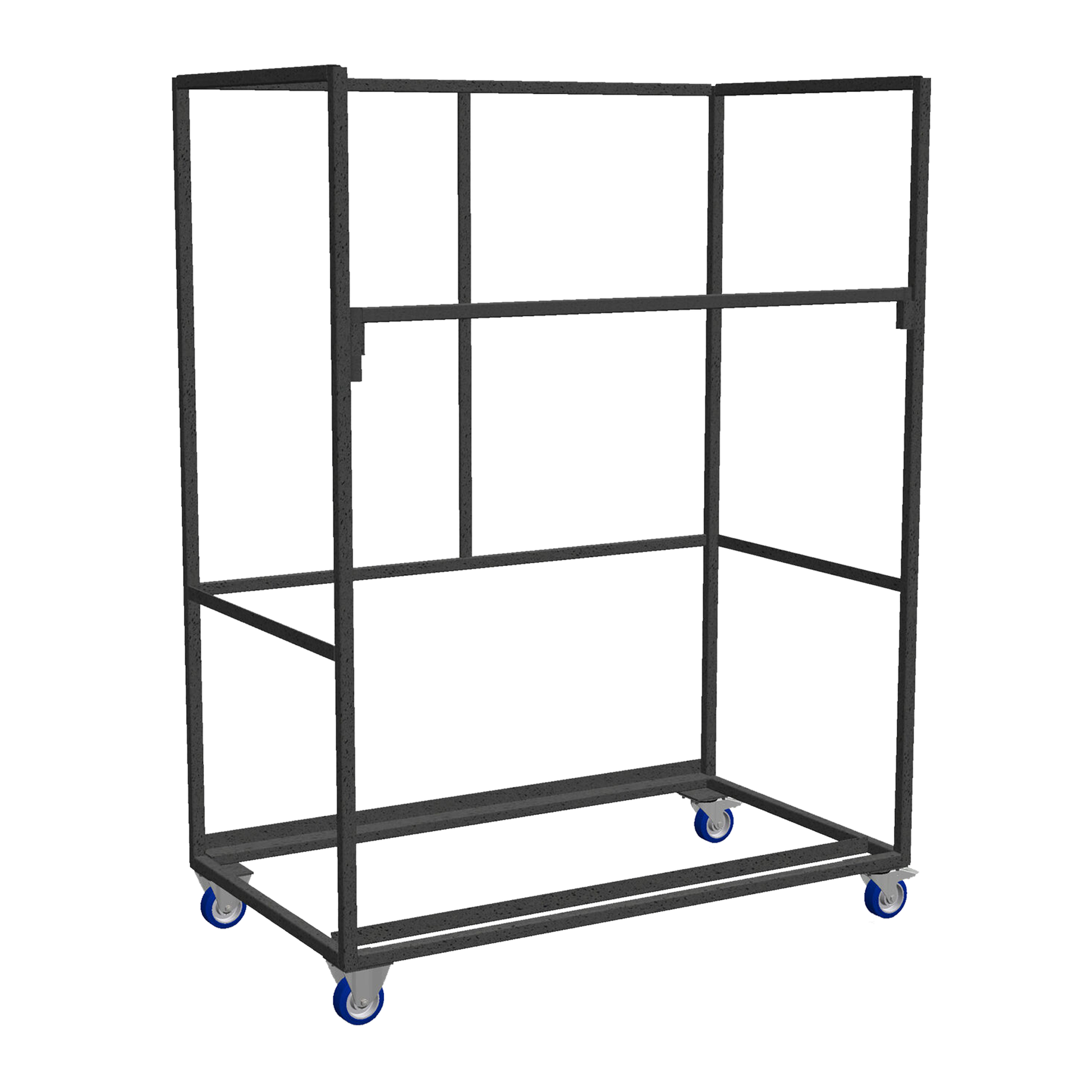 Black metal frame trolley with blue caster wheels designed for efficient stacking and transport of bar stools, labeled as Trolley For Palm Stacking Bar Stool.