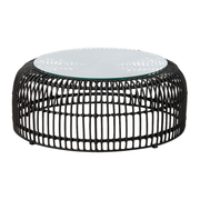 Palm Stacking Coffee Table - Black featuring a round black woven base with a clear glass top, designed for commercial and hospitality environments with durable materials.
