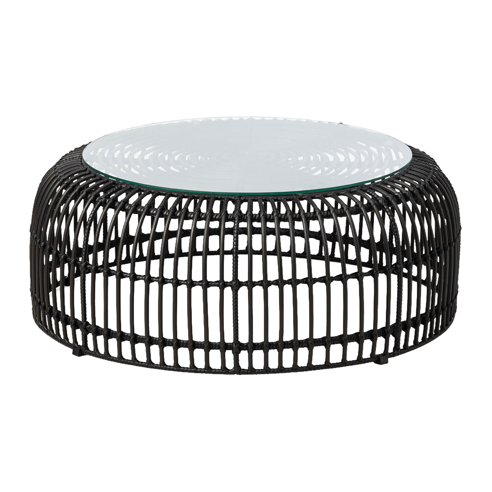 Palm Stacking Coffee Table - Black featuring a round black woven base with a clear glass top, designed for commercial and hospitality environments with durable materials.