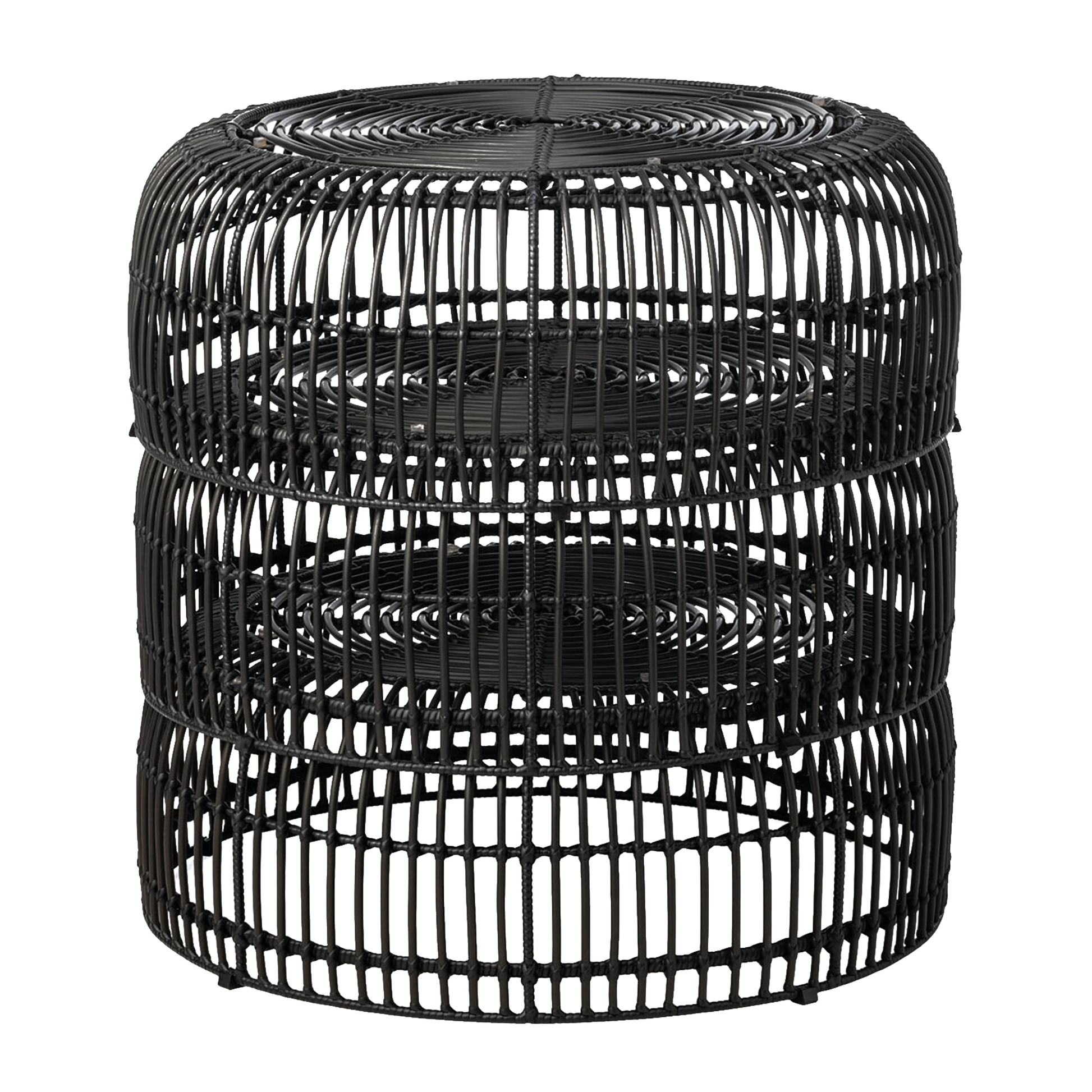 Palm Stacking Coffee Table - Black featuring a three-tiered open-weave design crafted from black rattan, suitable for stylish and versatile commercial or residential interiors.