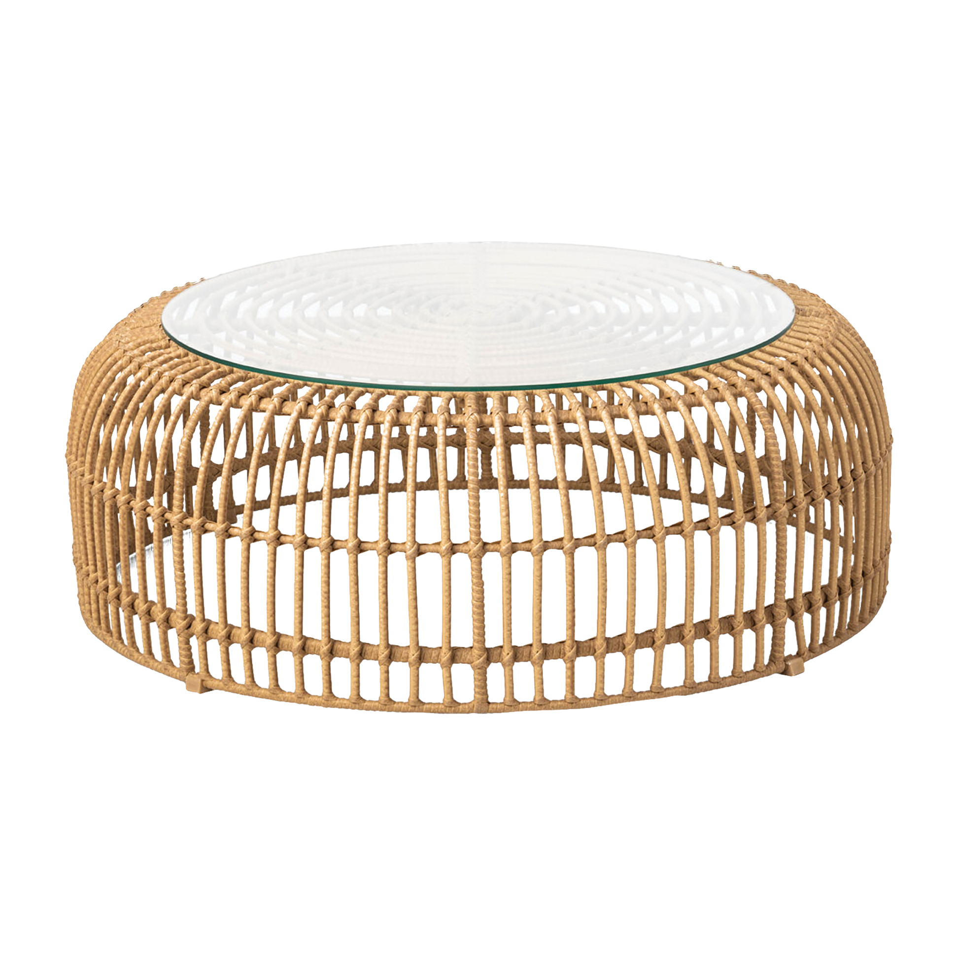 Palm Stacking Coffee Table - Natural with a woven rattan base and clear glass top, designed for stylish and functional living spaces with a natural, airy feel.