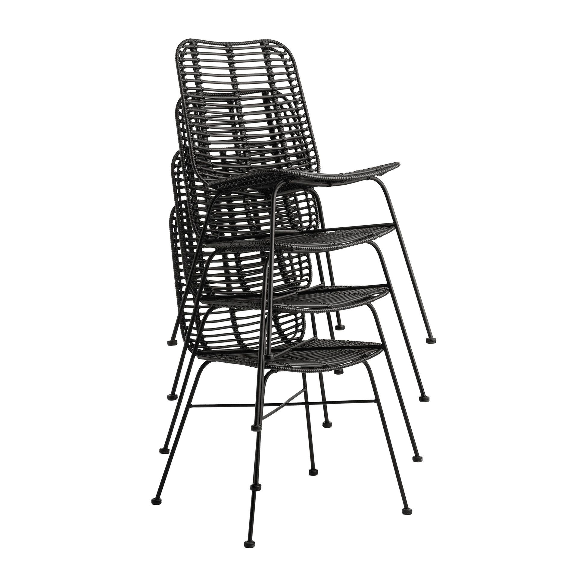 Stacked Palm Stacking Side Chair - Black with a sleek woven design and metal frame, ideal for space-saving in commercial or hospitality settings with durable construction.