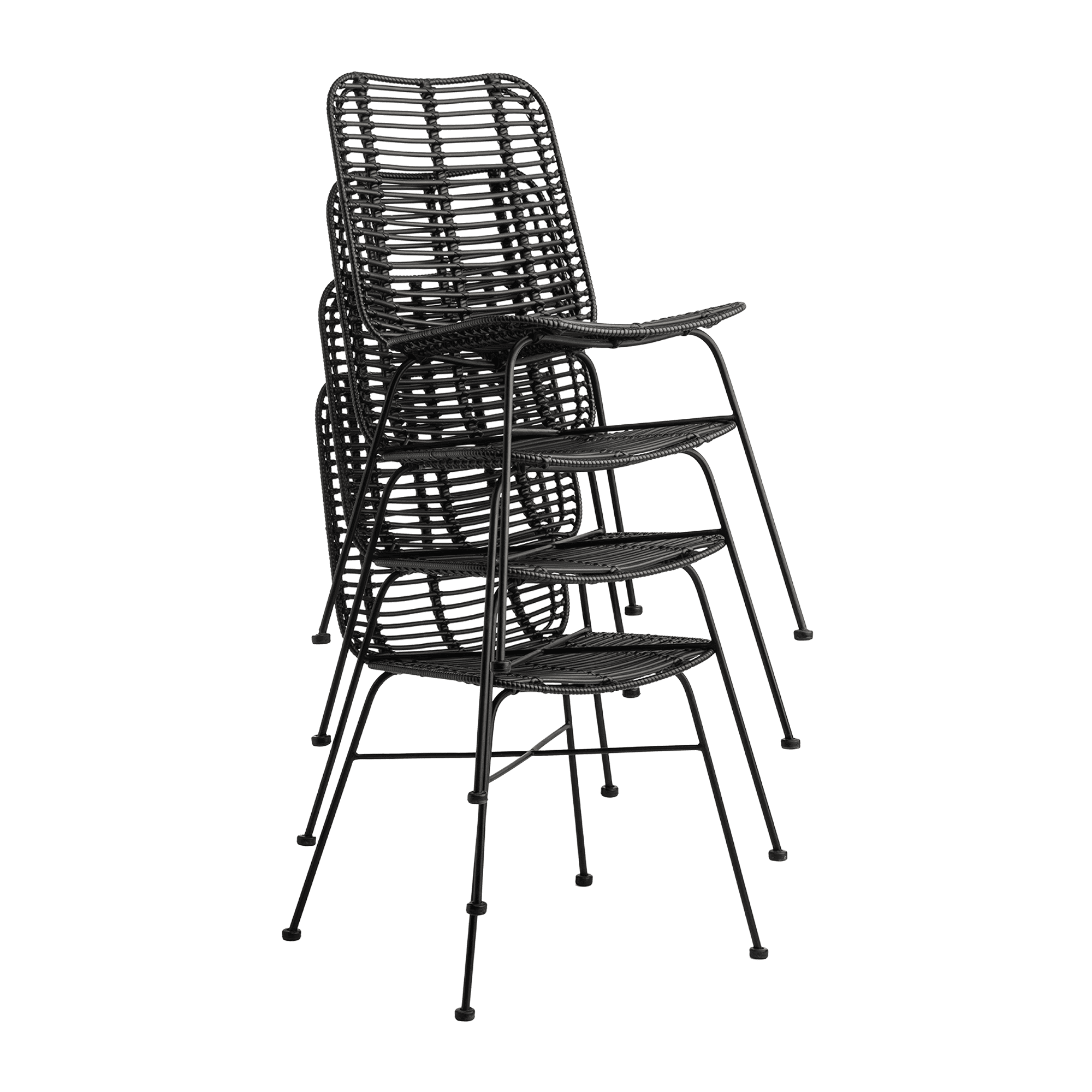 Stacked Palm Stacking Side Chair - Black with a sleek woven design and metal frame, ideal for space-saving in commercial or hospitality settings with durable construction.
