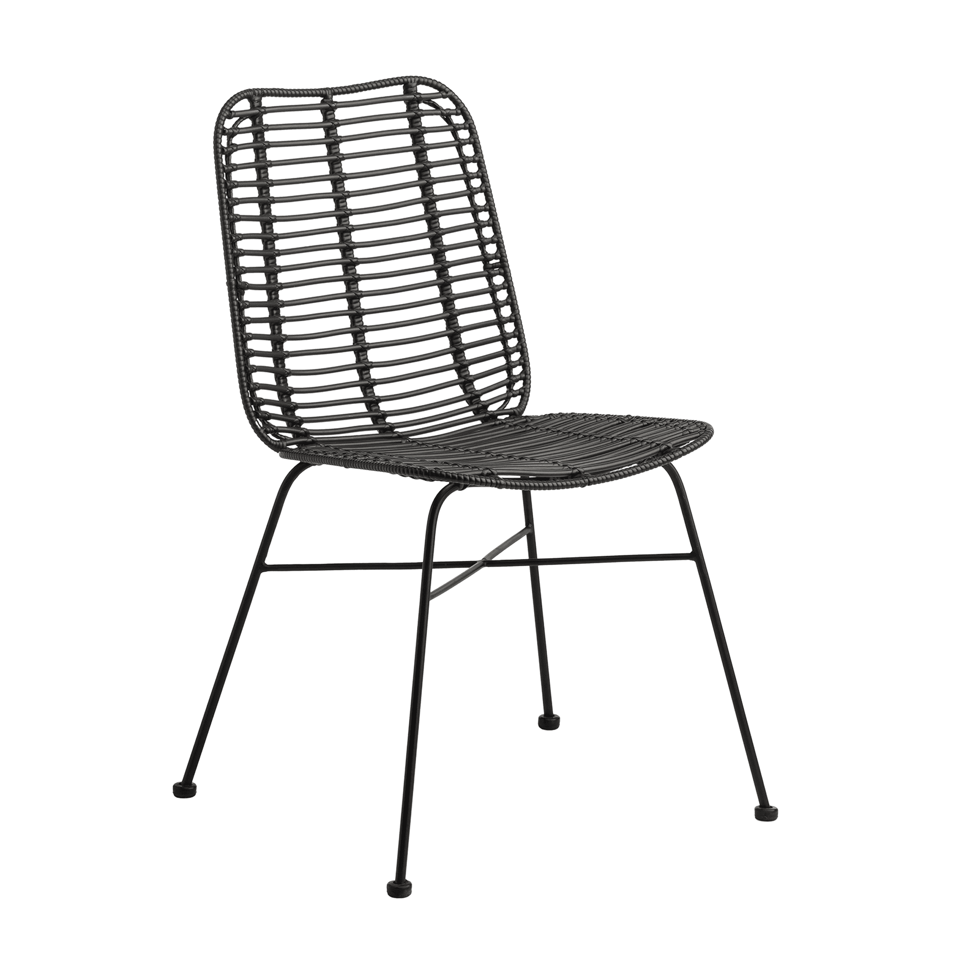 Palm Stacking Side Chair - Black features a sleek, lightweight design with a woven seat and backrest supported by a sturdy black metal frame, ideal for commercial and hospitality spaces.