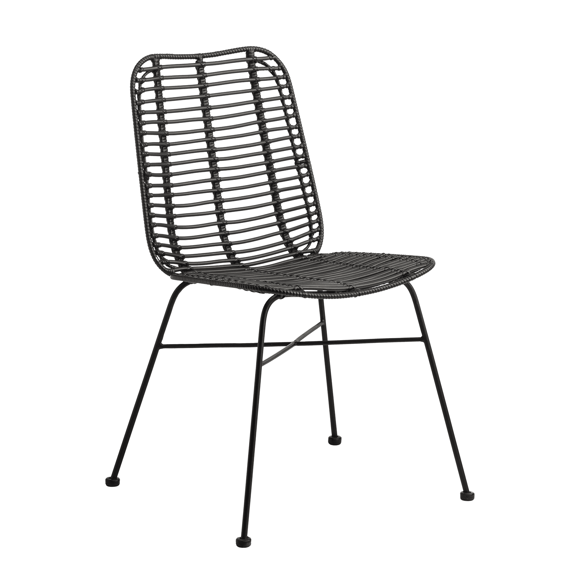 Palm Stacking Side Chair - Black features a sleek, lightweight design with a woven seat and backrest supported by a sturdy black metal frame, ideal for commercial and hospitality spaces.