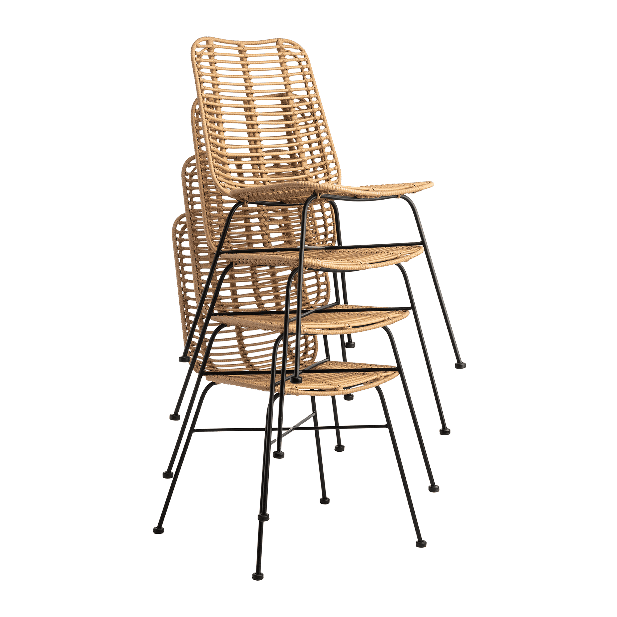 Palm Stacking Side Chair - Natural featuring a lightweight rattan seat and backrest with a sleek black metal frame, designed for easy stacking and versatile commercial use.