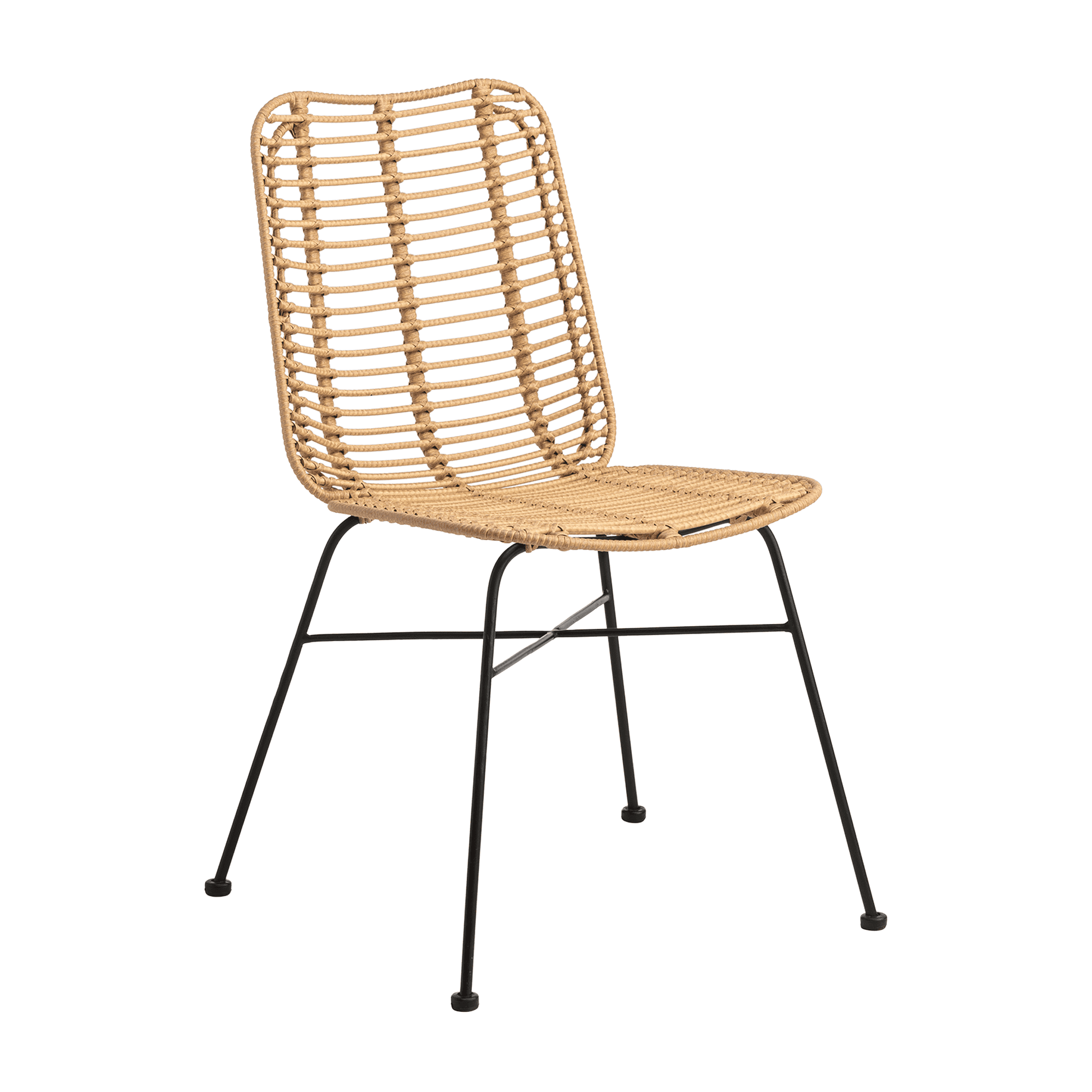Palm Stacking Side Chair - Natural with woven rattan seat and backrest supported by slender black metal legs, designed for stylish and practical commercial interiors.