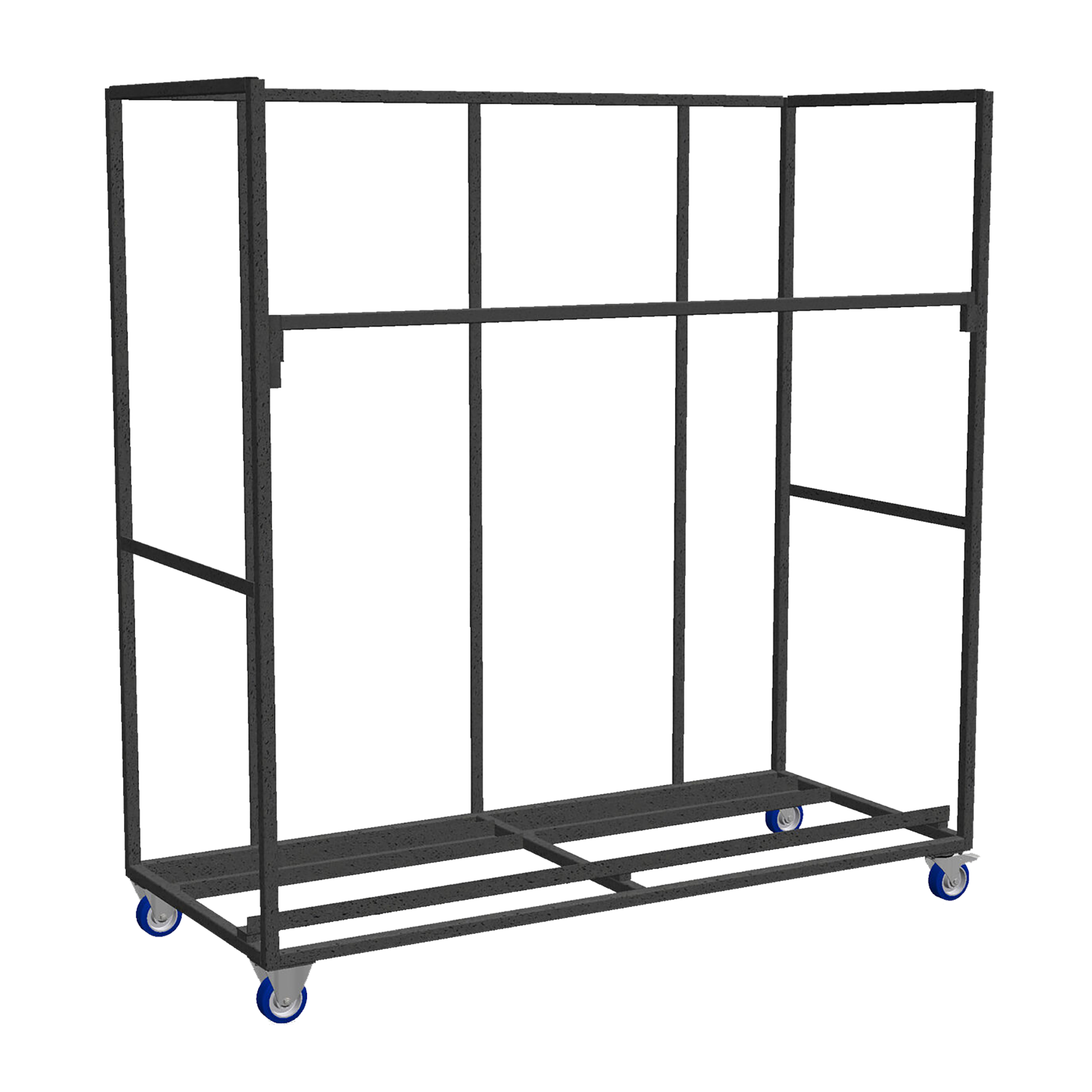Black metal frame trolley with four blue caster wheels, designed for stacking and transporting bar stools, named Trolley For Palm Stacking Bar Stool.
