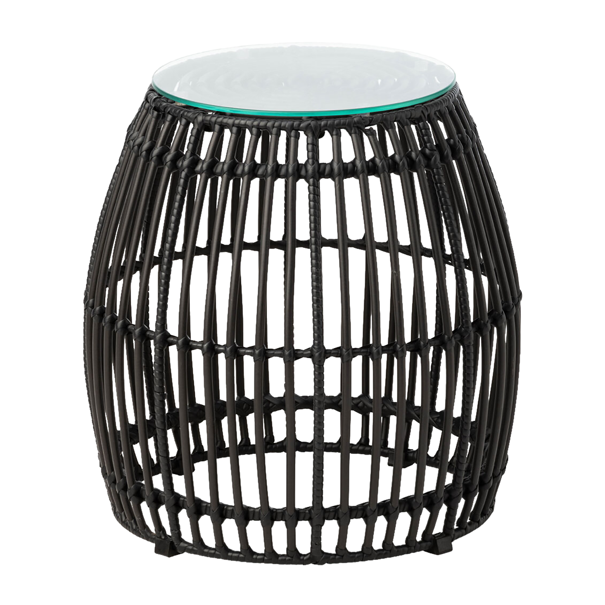 Palm Stacking Side Table - Black featuring a black woven frame with a round clear glass top, designed for stylish, versatile use in modern interiors.