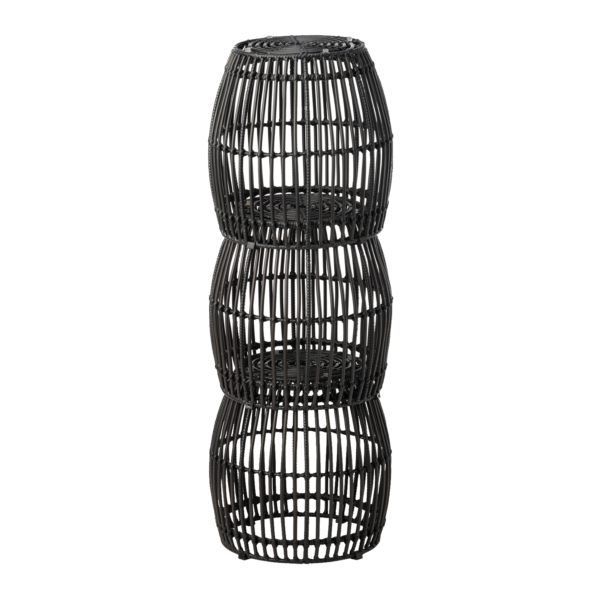 Palm Stacking Side Table - Black shown in a stacked arrangement, featuring three open-weave, cylindrical structures made from black material, suitable for versatile commercial or residential use.