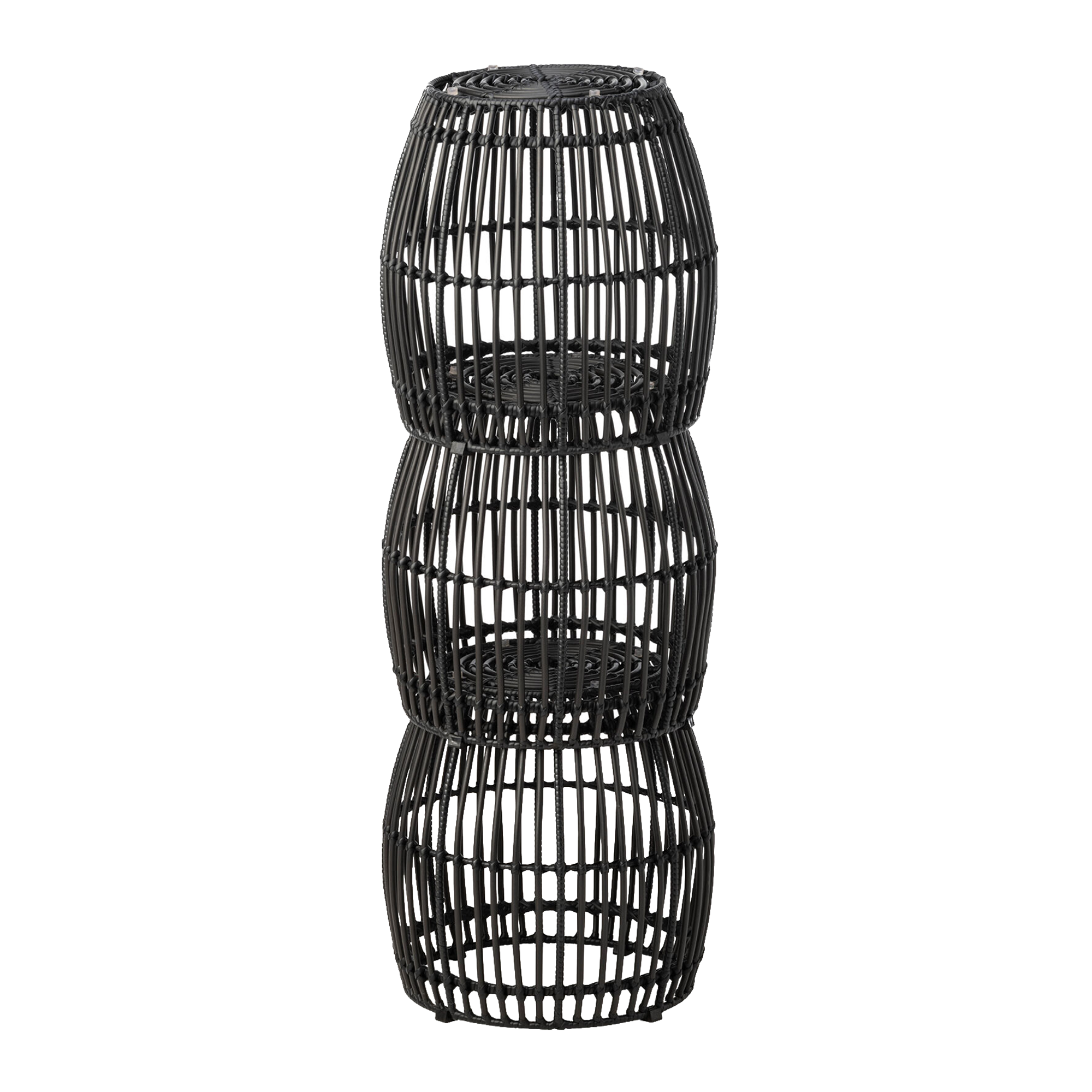 Palm Stacking Side Table - Black shown in a stacked arrangement, featuring three open-weave, cylindrical structures made from black material, suitable for versatile commercial or residential use.
