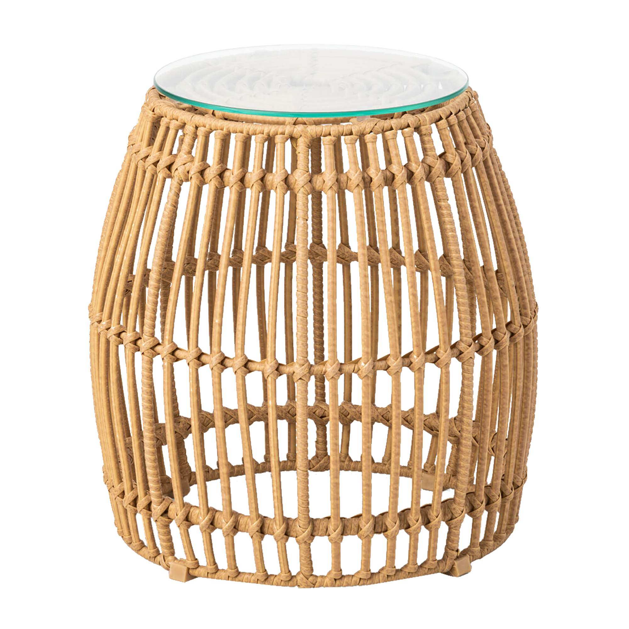 Palm Stacking Side Table - Natural with an open woven natural fiber base and a clear glass top, ideal for adding a light, airy touch to modern interiors.