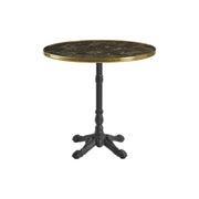 Round table with marble top and black base on a white background. Cast iron Base, Quality Contract Furniture 