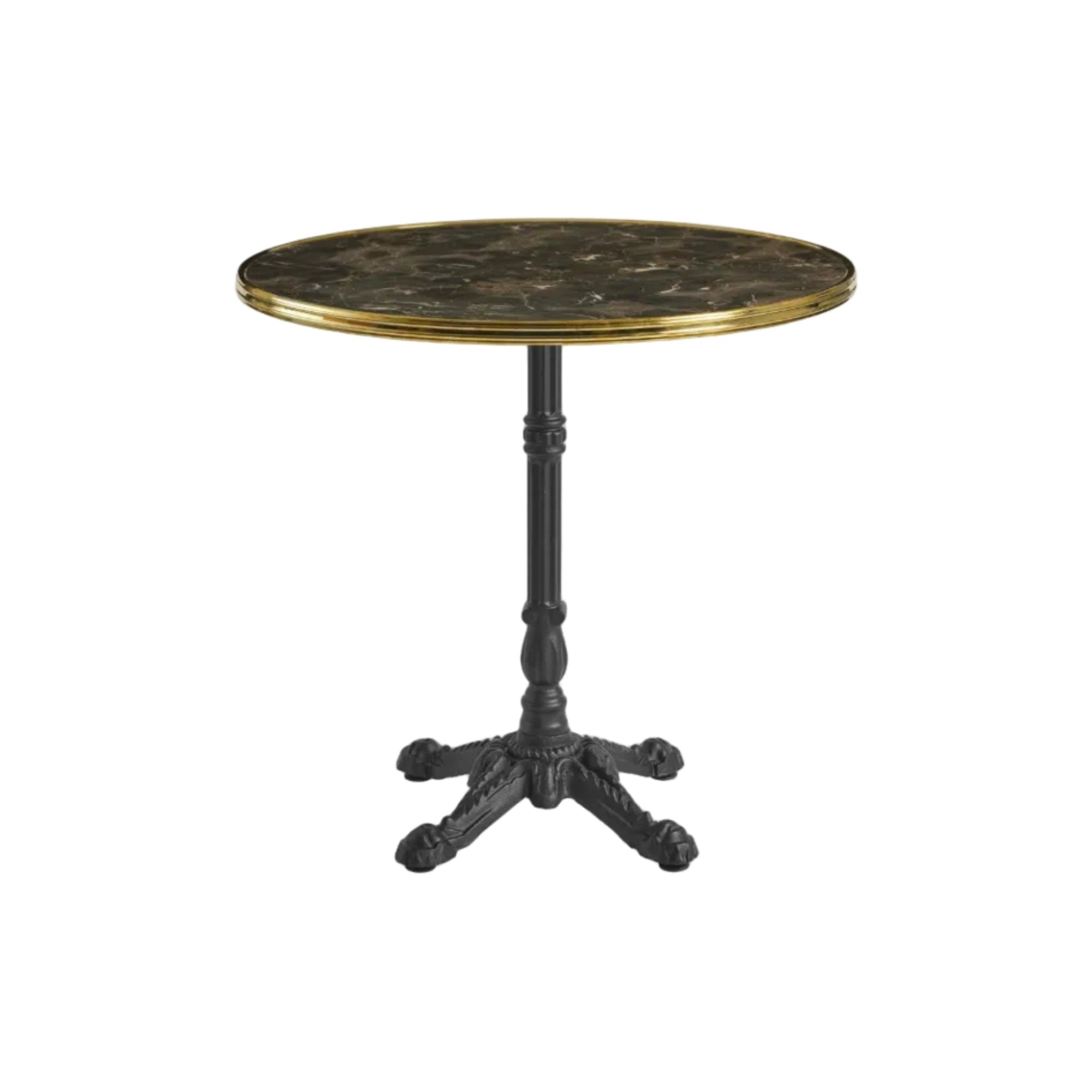 Round table with marble top and black base on a white background. Cast iron Base, Quality Contract Furniture 