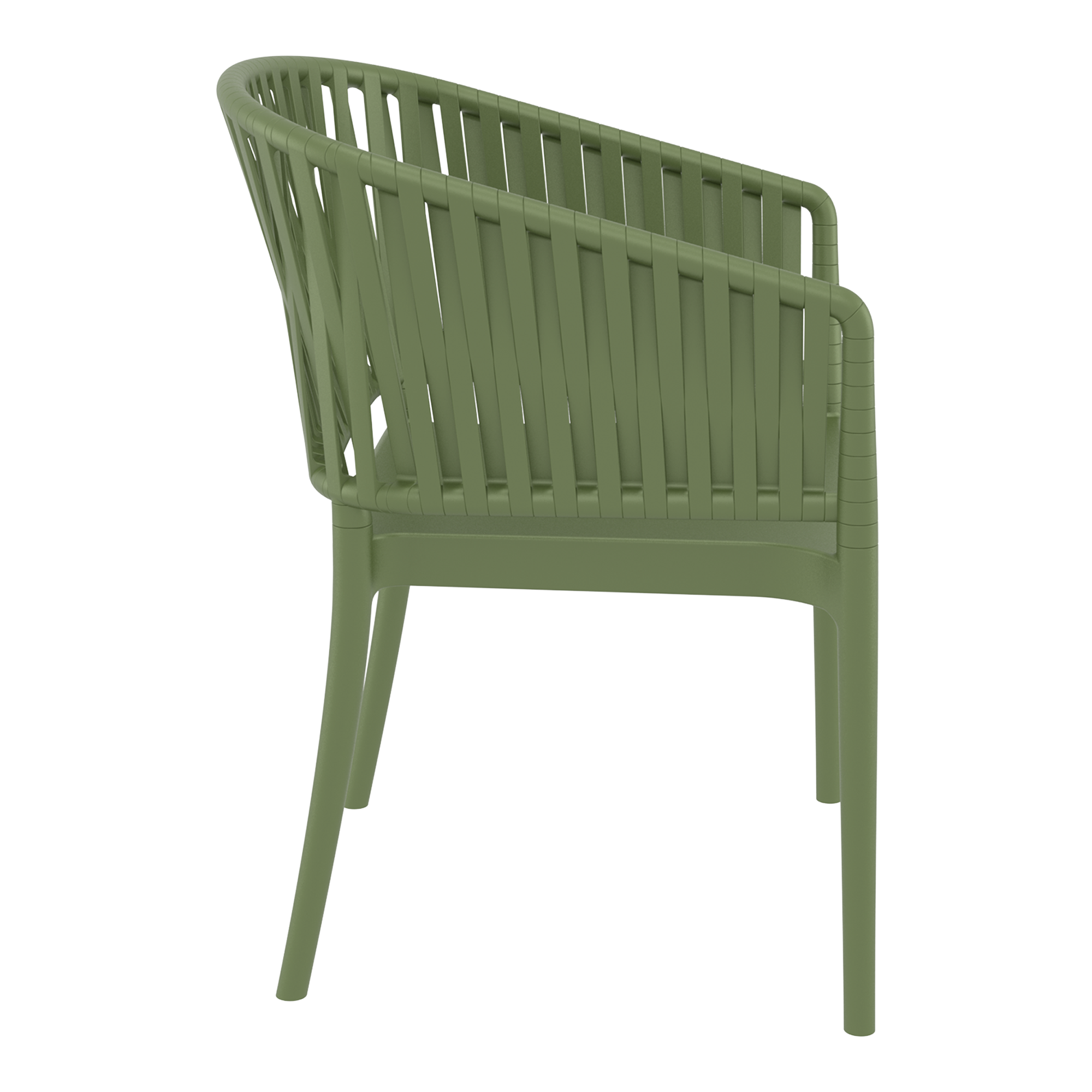 Portofino Stacking Armchair featuring a patented 3D rope-effect backrest and armrests, glass fibre reinforced polypropylene construction, UV-resistant finish, and stackable design for hotels, restaurants, cafés, bars, rooftop terraces, and outdoor hospitality environments.