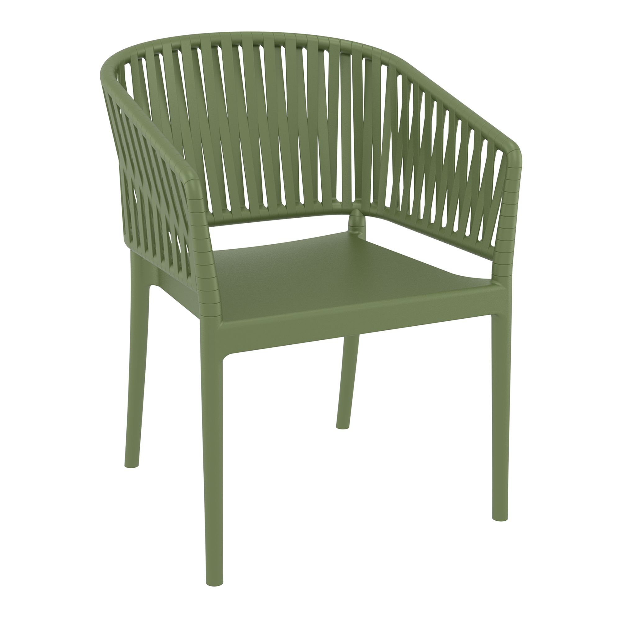 Portofino Stacking Armchair featuring a patented 3D rope-effect backrest and armrests, glass fibre reinforced polypropylene construction, UV-resistant finish, and stackable design for hotels, restaurants, cafés, bars, rooftop terraces, and outdoor hospitality environments.