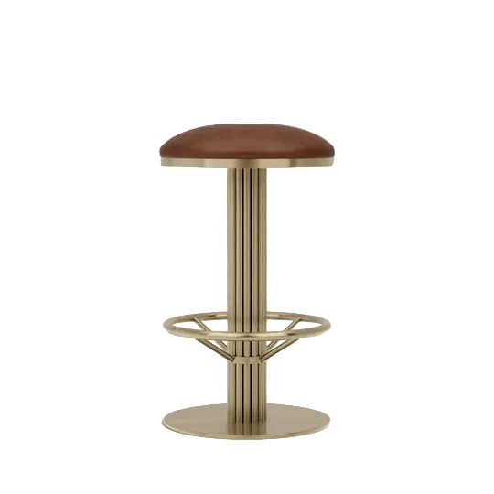 The Rafferty Bar Swivel Stool features a vintage tan faux leather seat and backrest paired with a sophisticated brass-finish stainless steel frame. Decorative vertical ridges on the frame add texture and elegance, while the integrated circular footrest enhances guest comfort. Designed for commercial hospitality environments, the stool includes a smooth swivel function and combines timeless styling with durable construction, making it ideal for bars, restaurants, hotels, lounges, and premium dining spaces.
