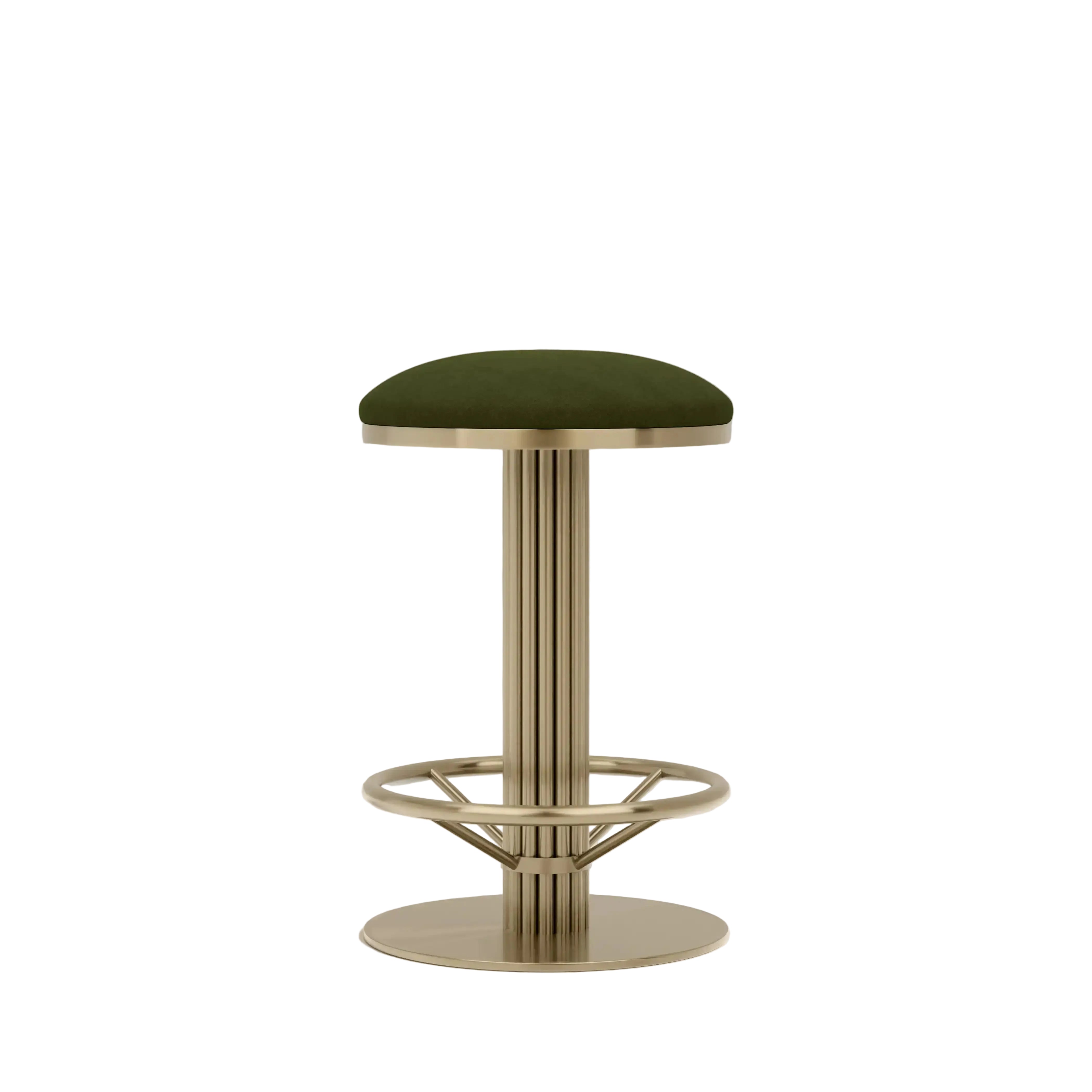 Rafferty Bar Swivel Stool upholstered in olive green velvet with a brass-finished stainless steel frame, featuring decorative vertical ridges, a circular footrest, and 360-degree swivel functionality, ideal for hospitality, hotel, restaurant, and bar interiors. Bar stool with green cushioned seat and gold metal frame on a beige background