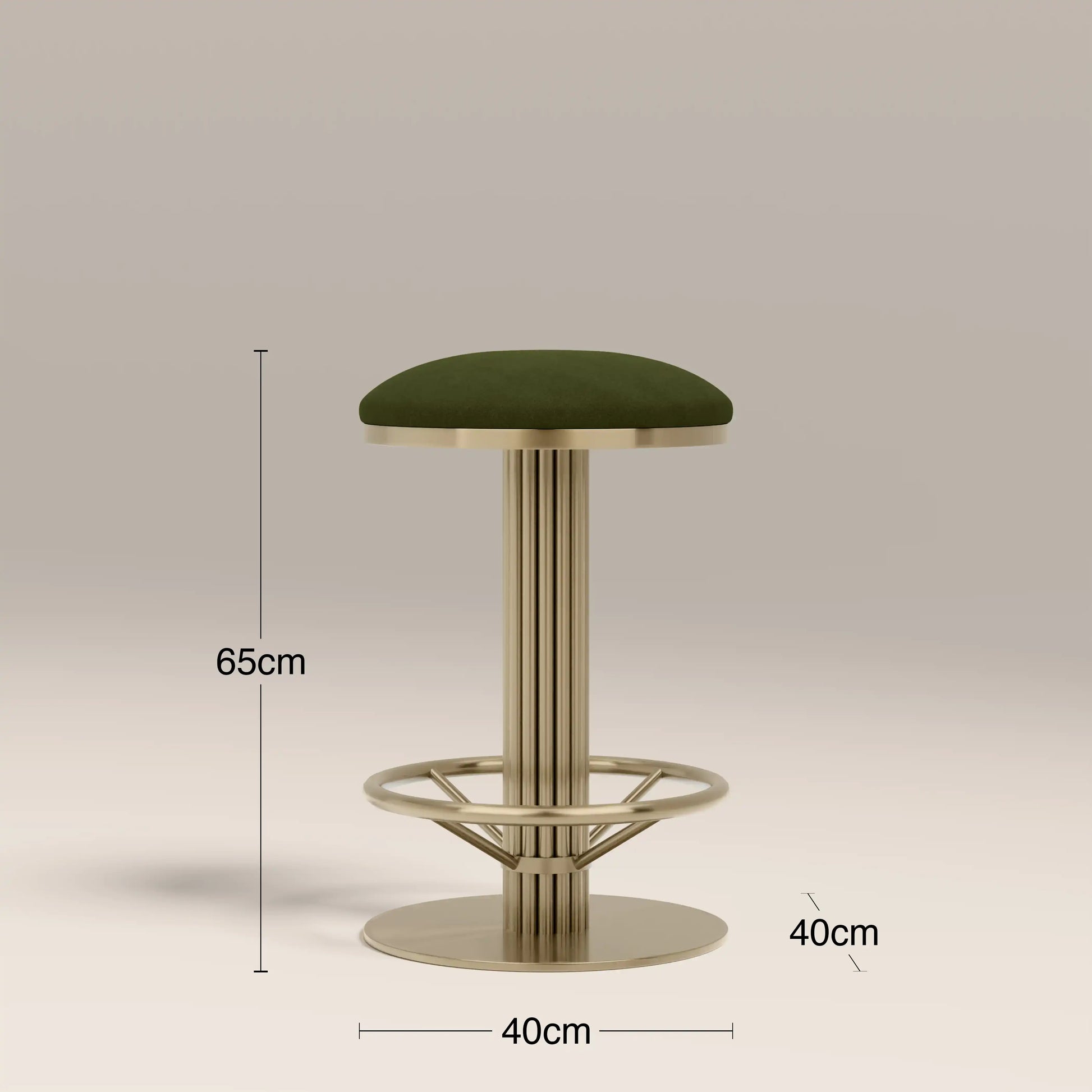 Rafferty Bar Swivel Stool upholstered in olive green velvet with a brass-finished stainless steel frame, featuring decorative vertical ridges, a circular footrest, and 360-degree swivel functionality, ideal for hospitality, hotel, restaurant, and bar interiors. Bar stool with green cushion and gold metal frame, shown with dimensions on a beige background