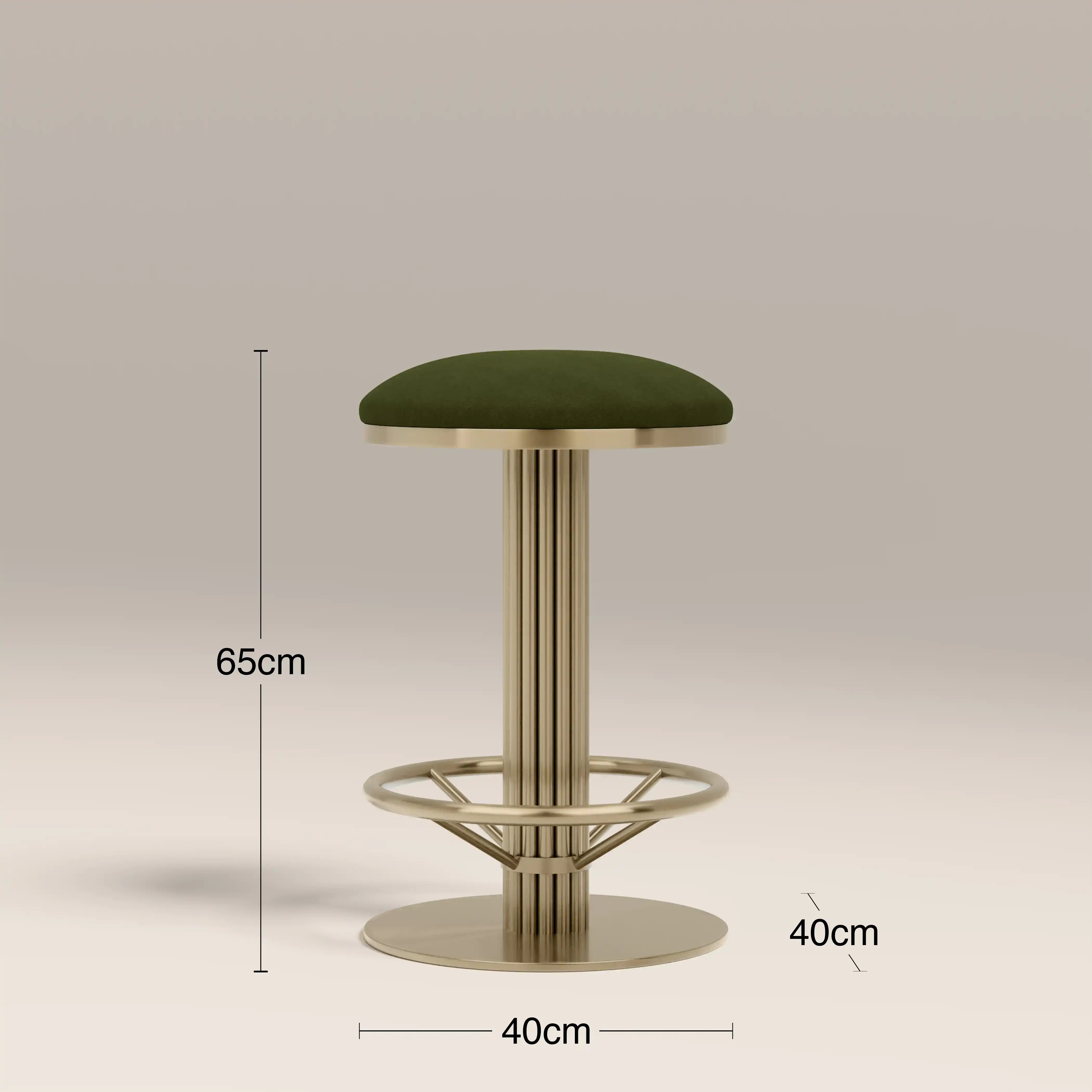Rafferty Bar Swivel Stool upholstered in olive green velvet with a brass-finished stainless steel frame, featuring decorative vertical ridges, a circular footrest, and 360-degree swivel functionality, ideal for hospitality, hotel, restaurant, and bar interiors. Bar stool with green cushion and gold metal frame, shown with dimensions on a beige background