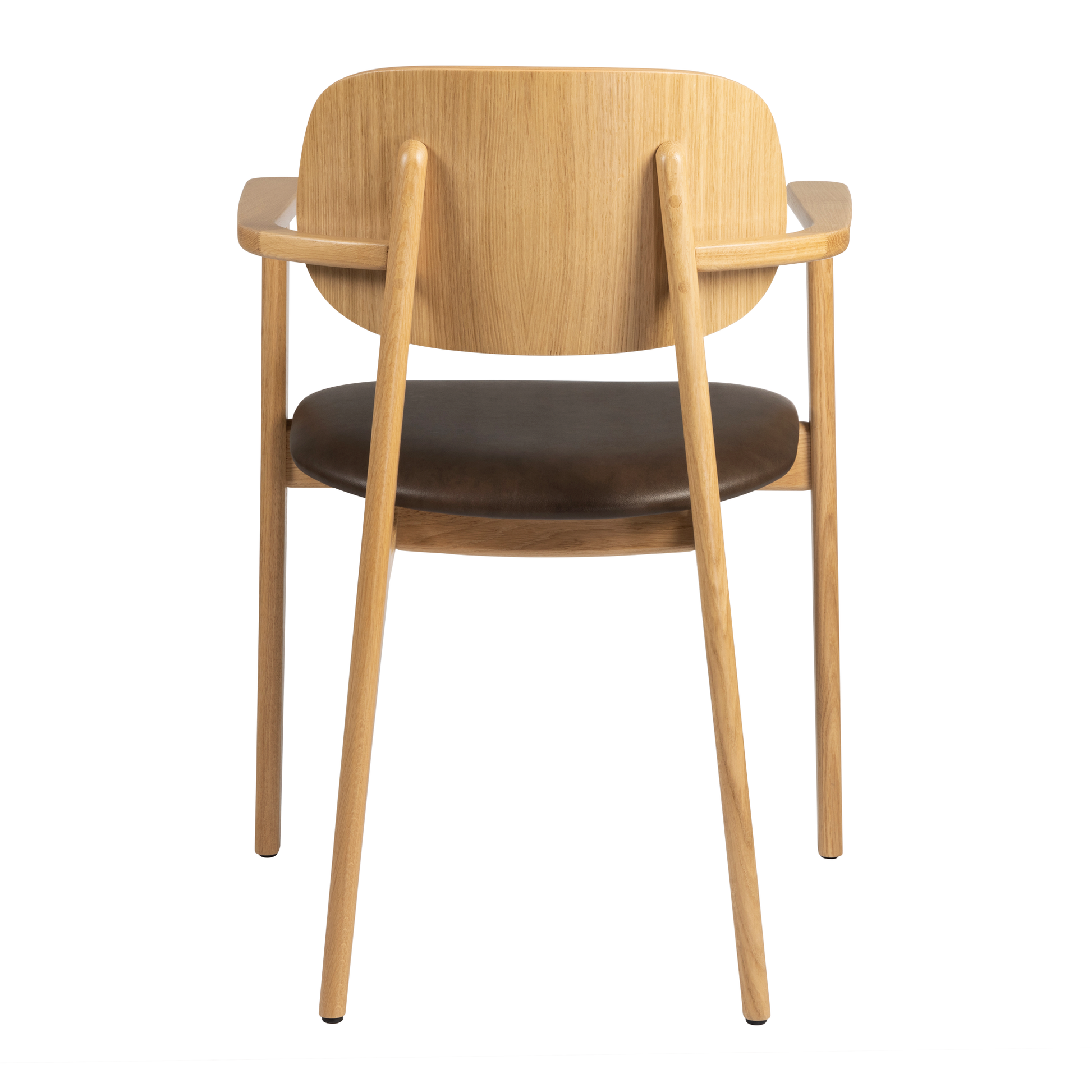 Relish Arm Chair - Natural Oak - Lascari Vintage Brown Seat Pad shown from rear, highlighting smooth natural oak frame with curved armrests and vintage brown upholstered seat pad.