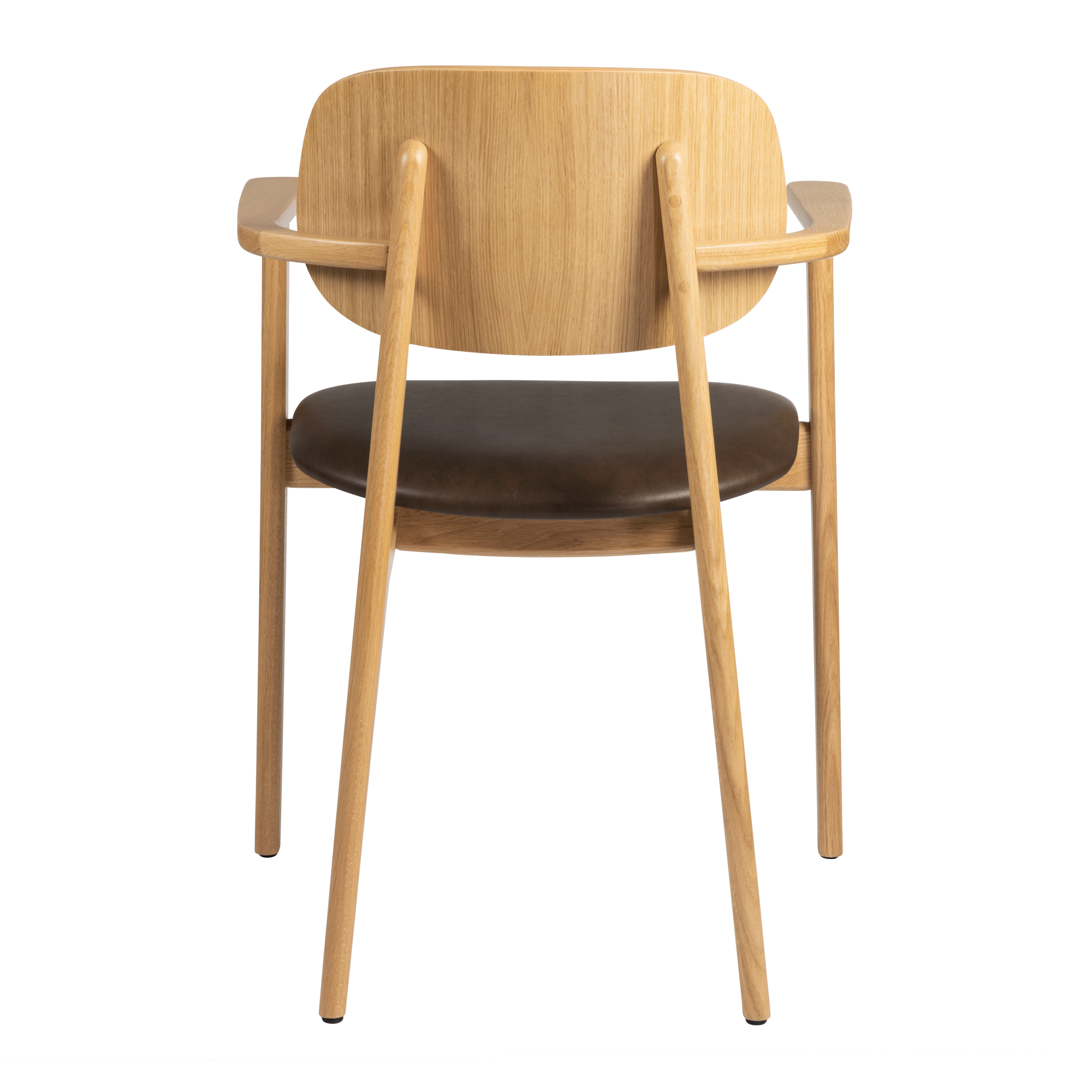 Relish Arm Chair - Natural Oak - Lascari Vintage Brown Seat Pad shown from rear, highlighting smooth natural oak frame with curved armrests and vintage brown upholstered seat pad.