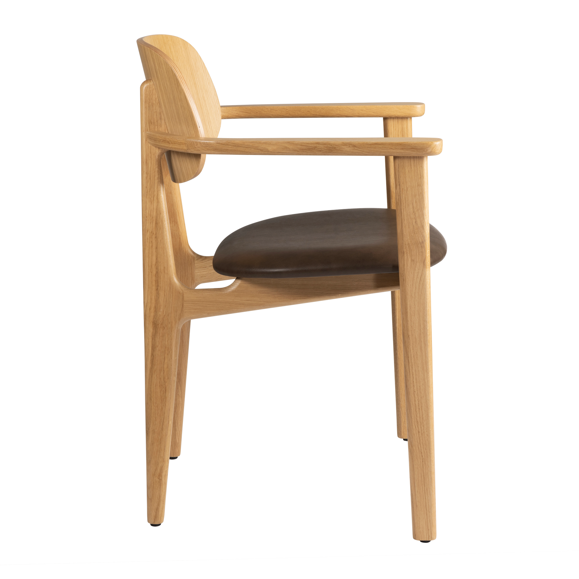Side view of the Relish Arm Chair - Natural Oak - Lascari Vintage Brown Seat Pad, featuring a sleek natural oak frame with a smooth, vintage brown cushioned seat.