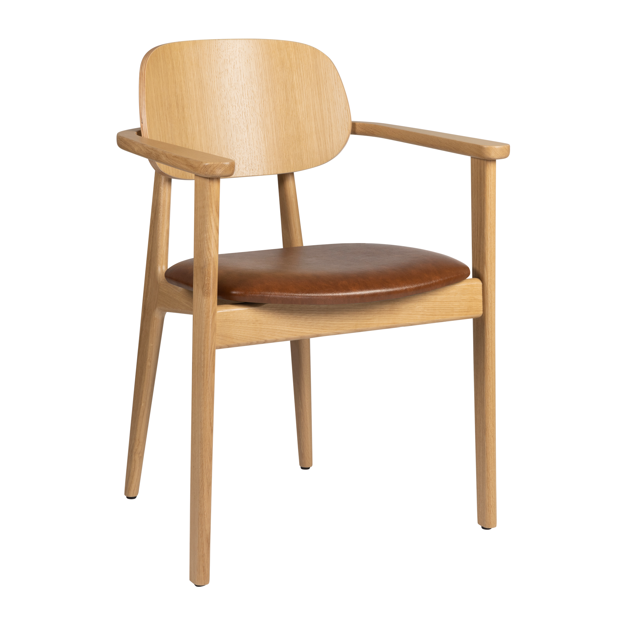 Relish Arm Chair - Natural Oak - Lascari Vintage Tan Seat Pad with a smooth natural oak frame, curved backrest, and vintage tan padded seat offering stylish comfort for commercial interiors.